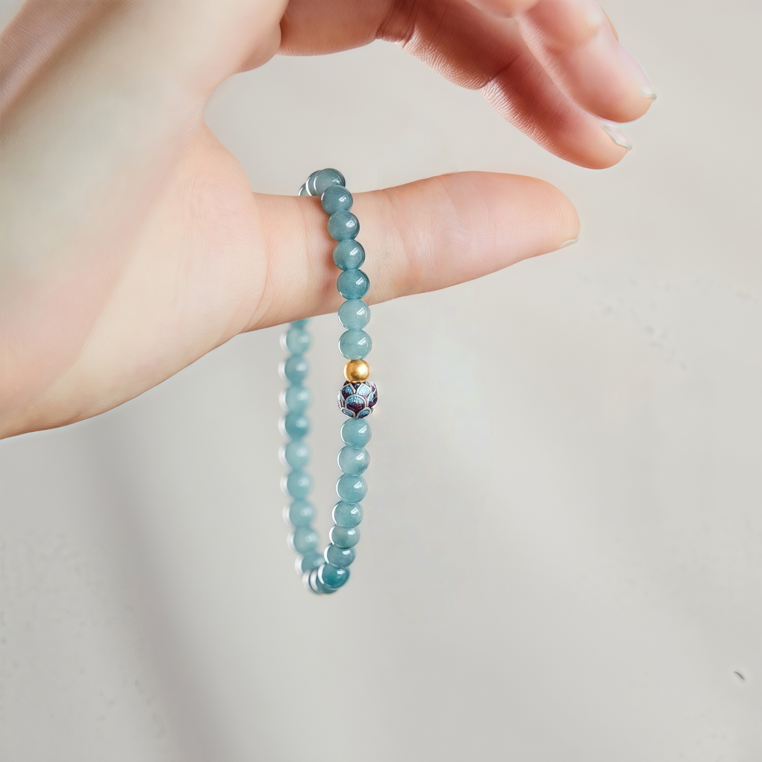 Blue Water Jadeite Bracelet with Lotus Charm - Mindfulness & Feng Shui Wealth Jewelry