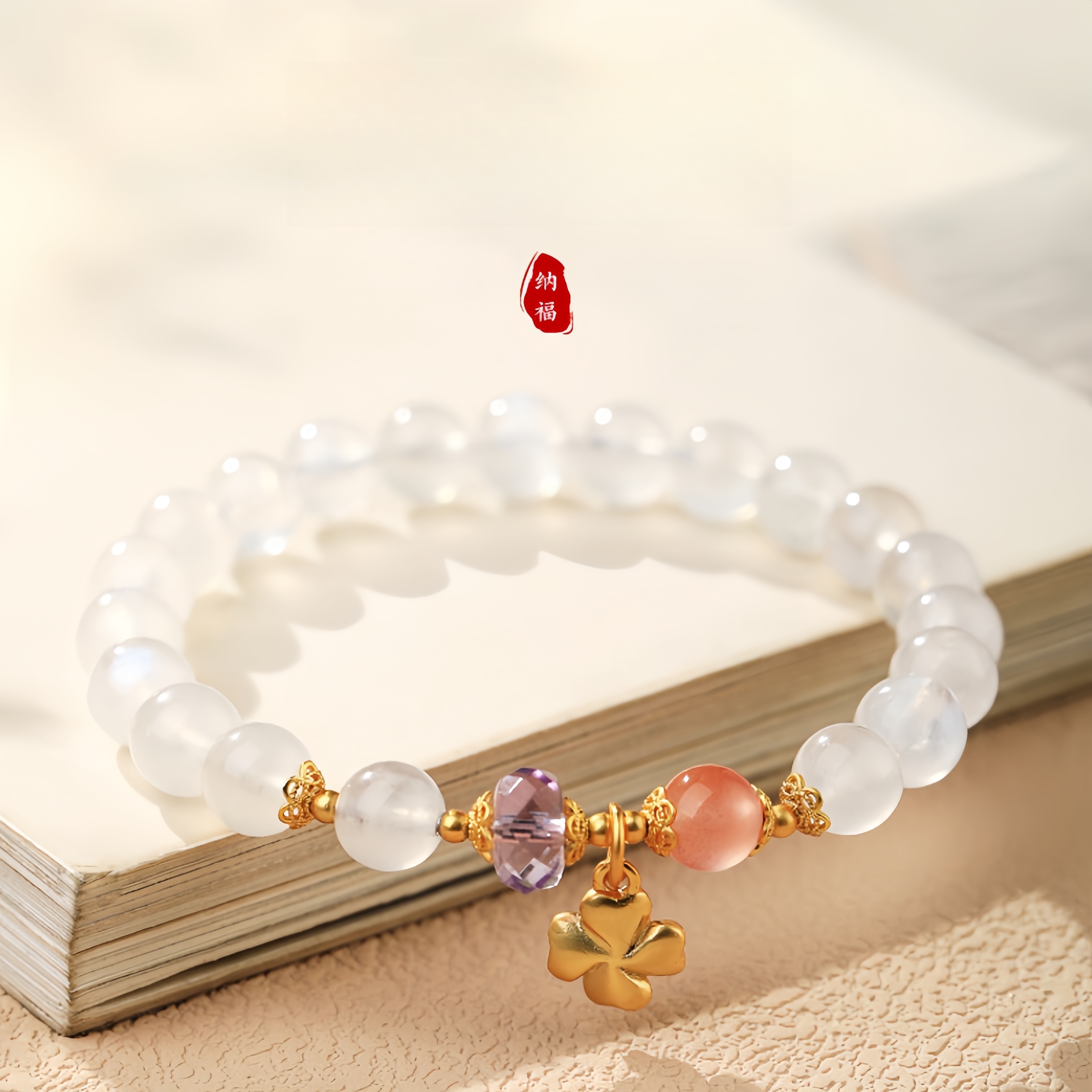 Moonstone Amethyst Rose Quartz Bracelet with Gold Clover - Feminine Energy Jewelry