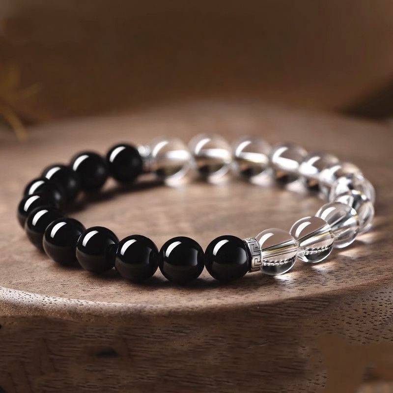 Black Obsidian & White Crystal Bracelet - Energy Balancing Lucky Jewelry