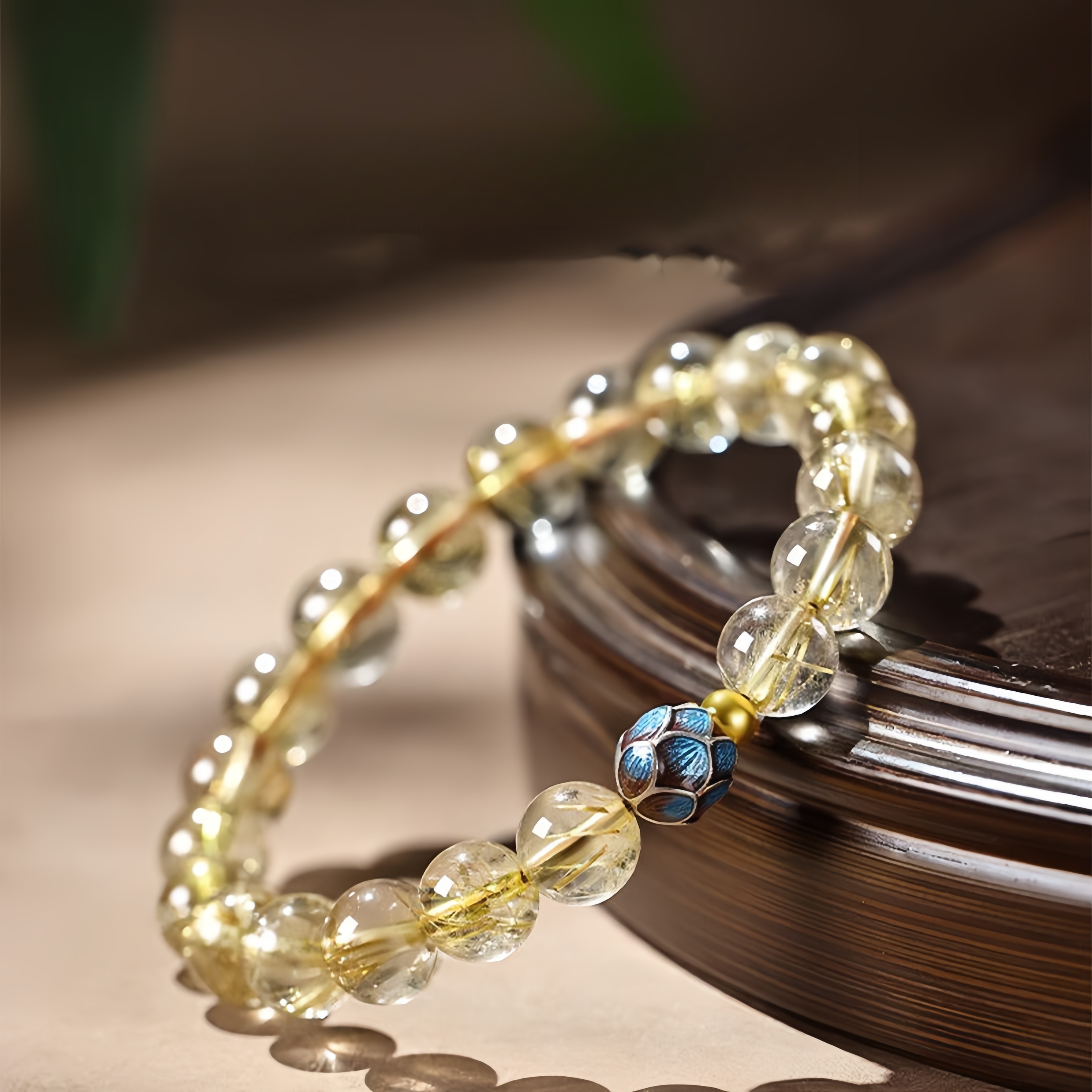Golden Rutilated Quartz & Lotus Bracelet - Wealth Energy & Zen Jewelry