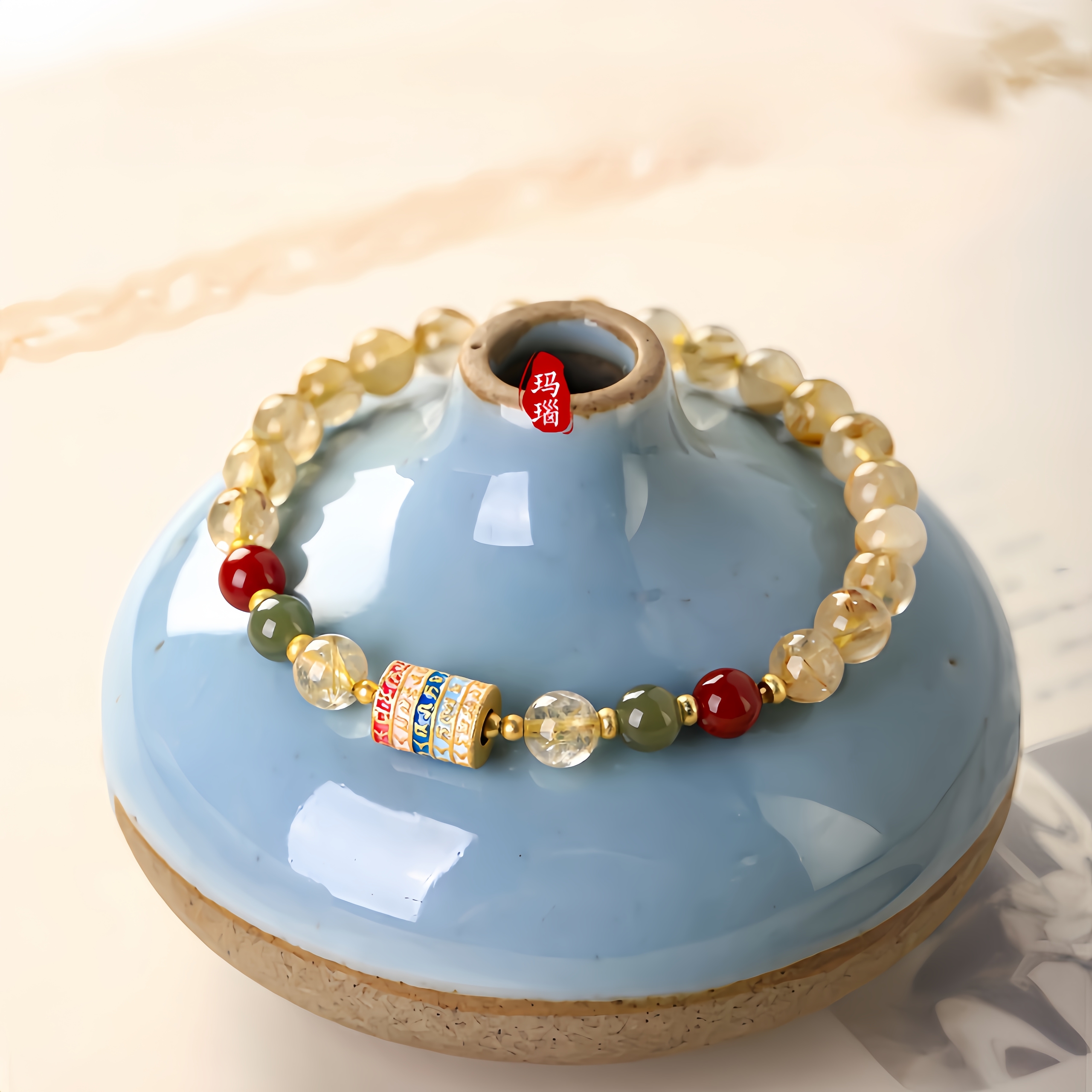 Golden Rutilated Quartz Mantra Bracelet - 5 Sutra Energy Amplifier Jewelry