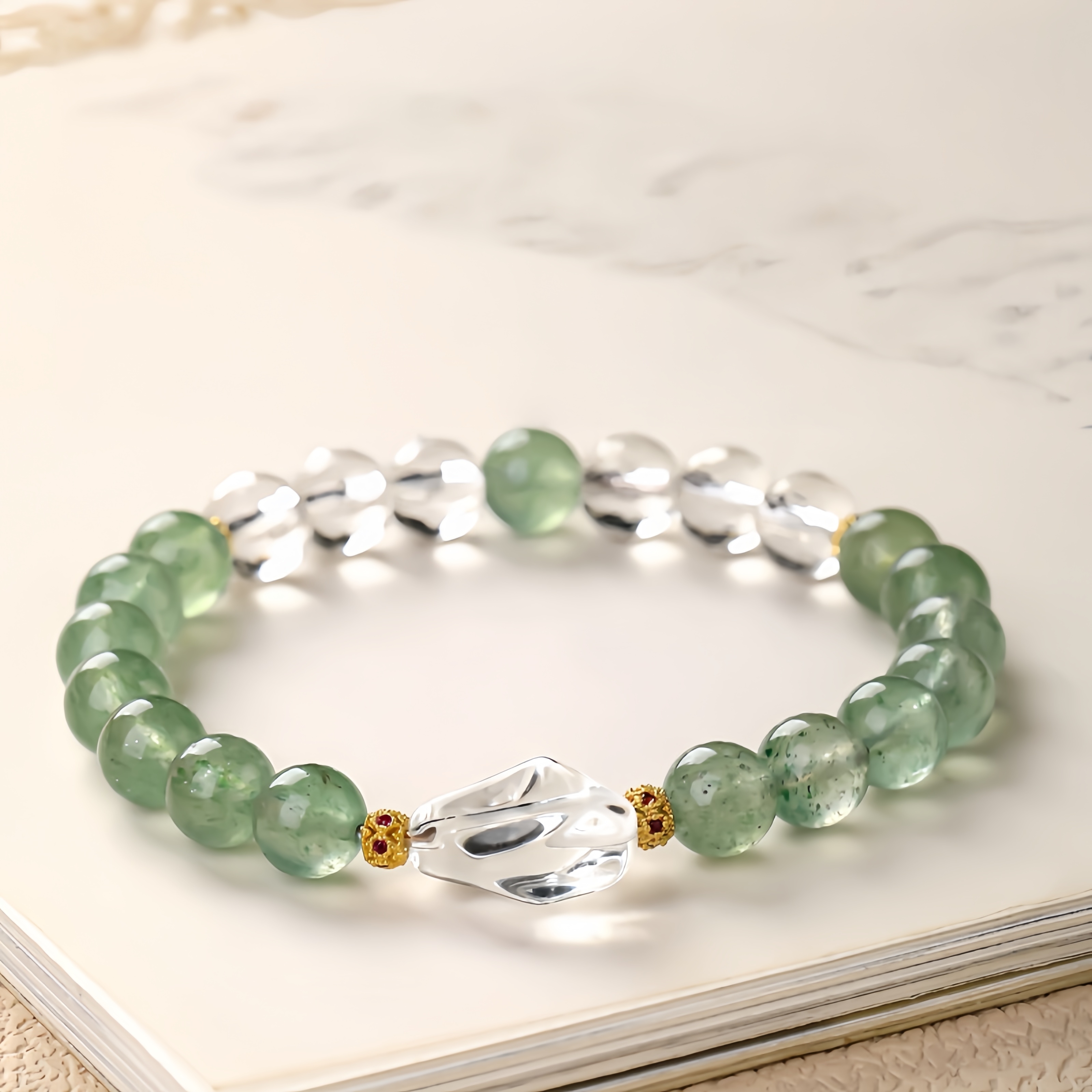 Green Strawberry Quartz & Clear Crystal Bracelet - Heart Chakra & Clarity Jewelry