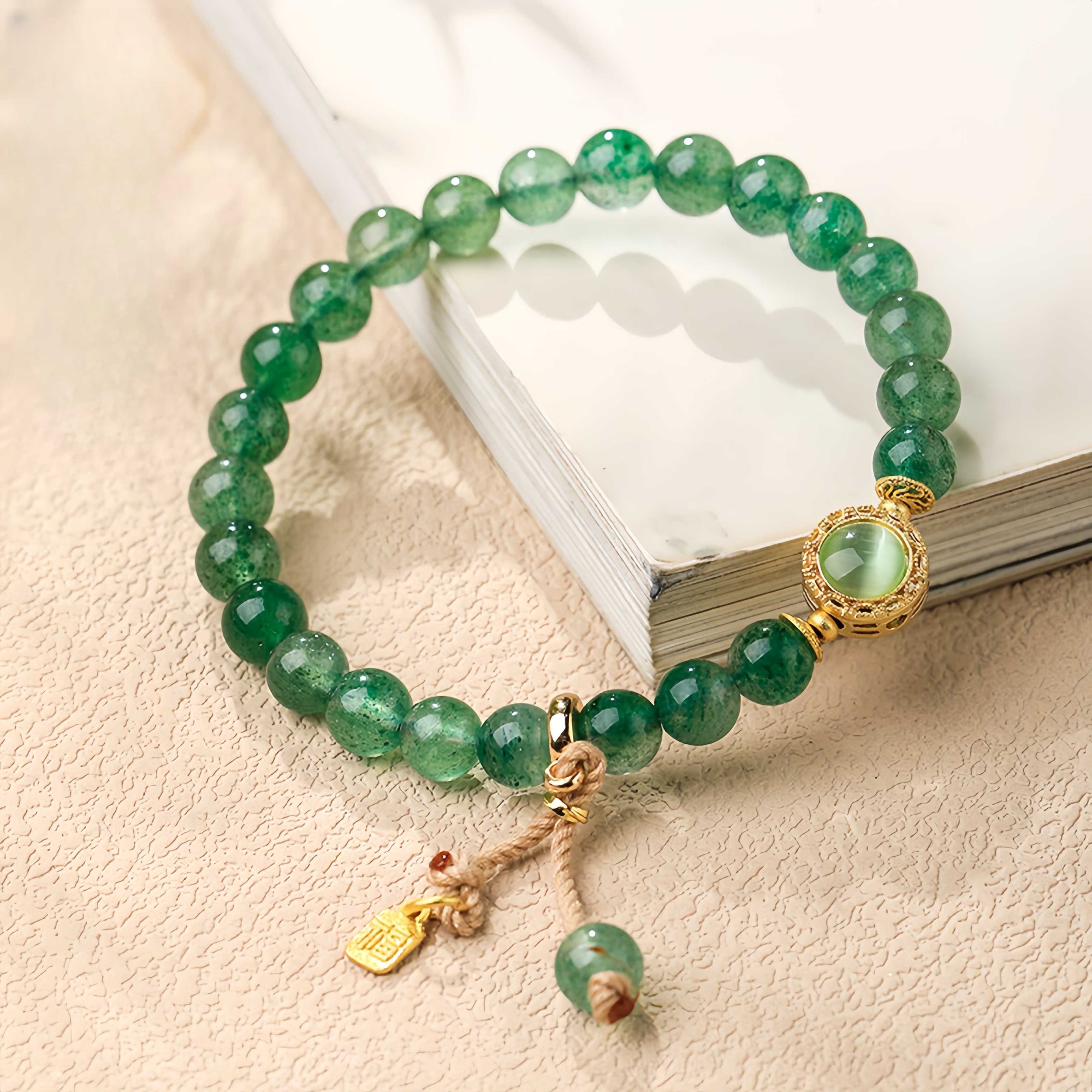Green Strawberry Quartz & Ice Jade Fu Symbol Bracelet
