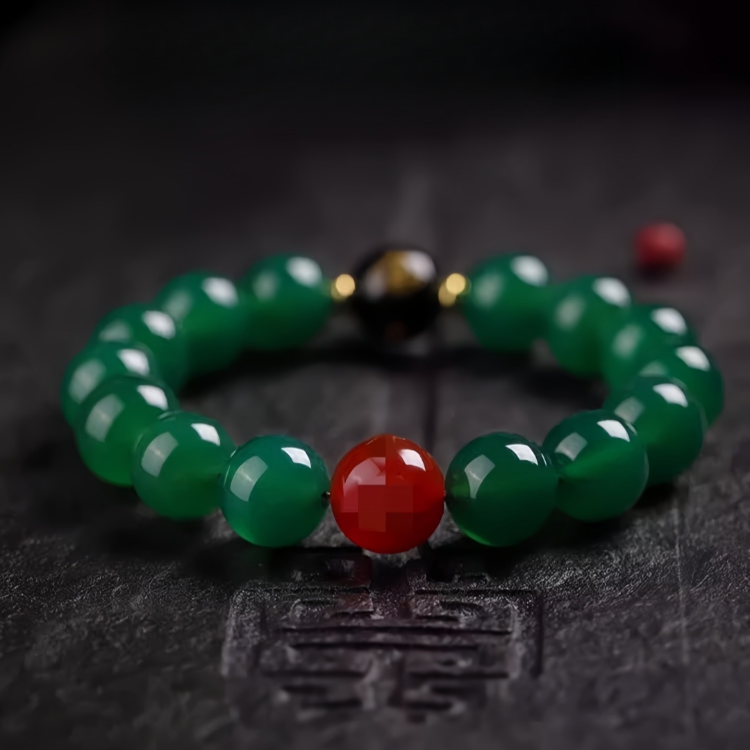 Green Agate Feng Shui Bracelet - Red Agate & Buddha Obsidian