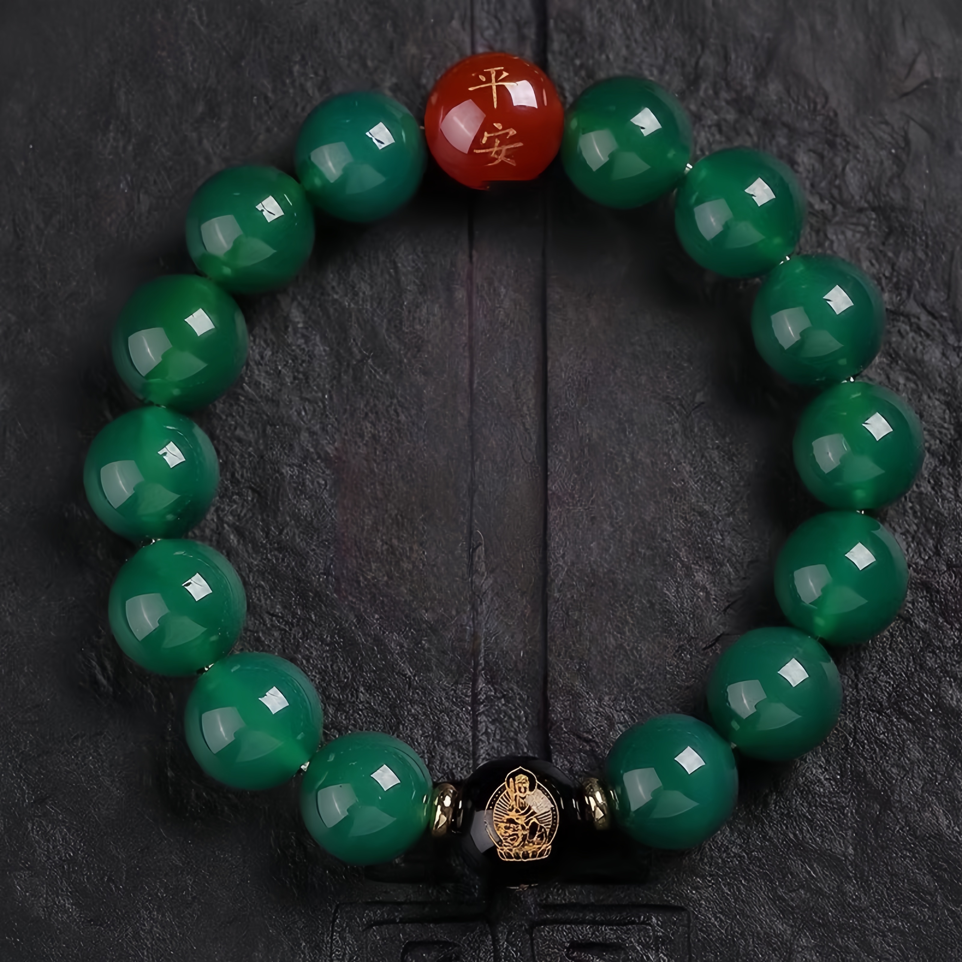 Green Agate Feng Shui Bracelet - Red Agate & Buddha Obsidian
