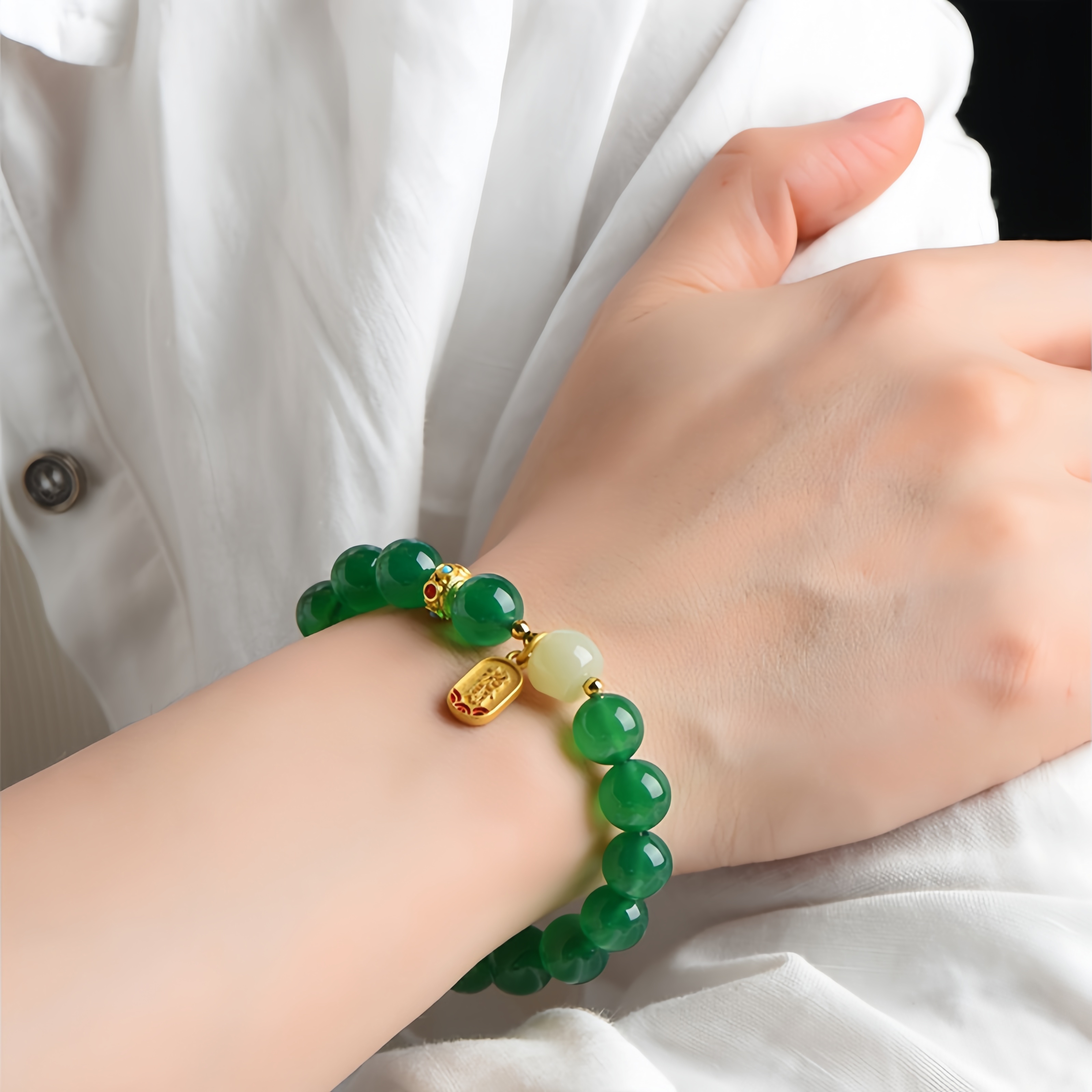 Natural Green Agate Bracelet - Hetian Jade & Blessing Charm