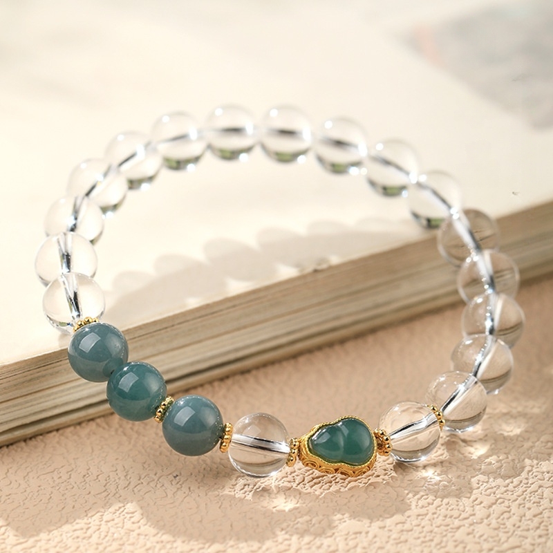White Crystal Bracelet - Aqua Jade & Double Fortune Gourd