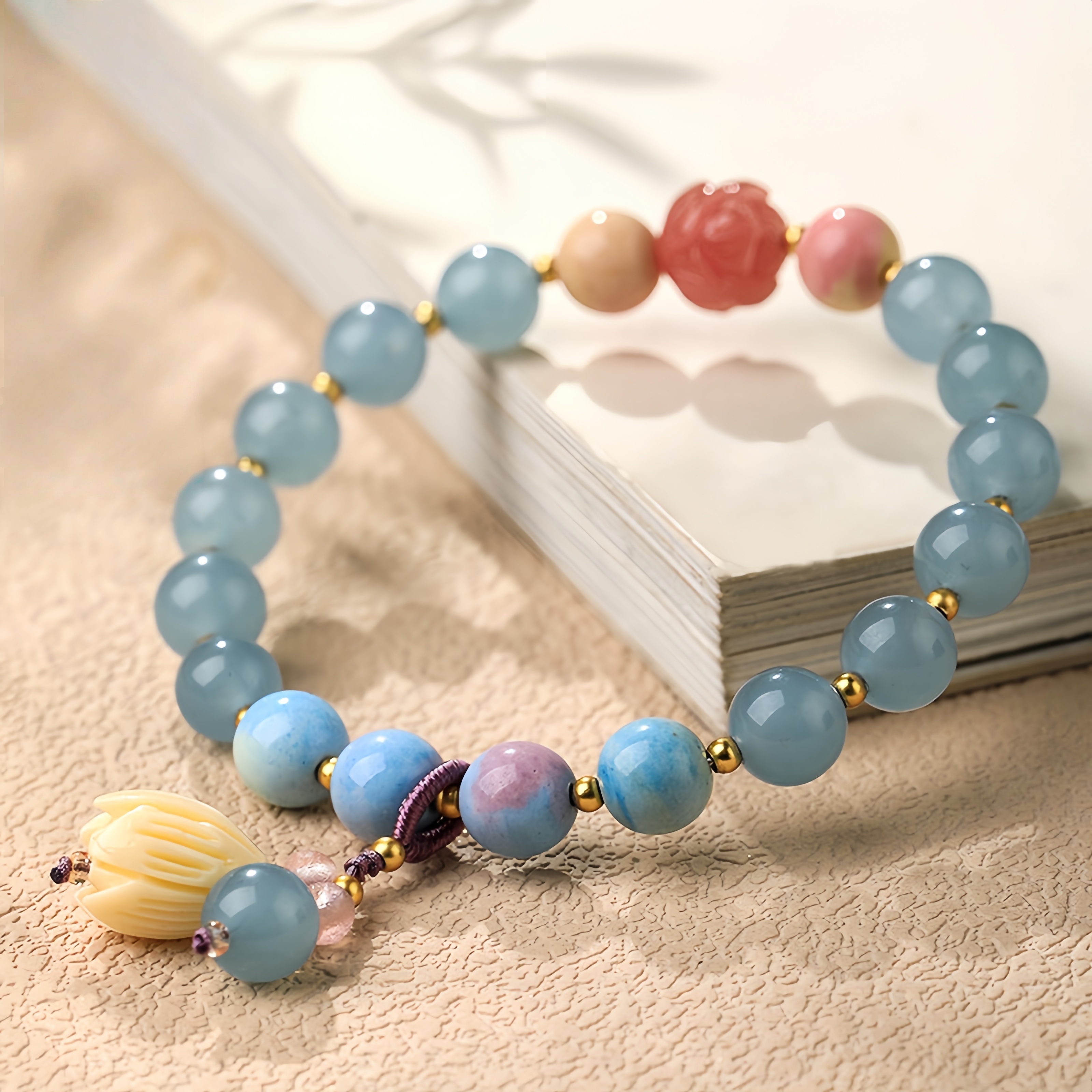Aquamarine Bracelet - Flower Agate Charm & Ocean Energy