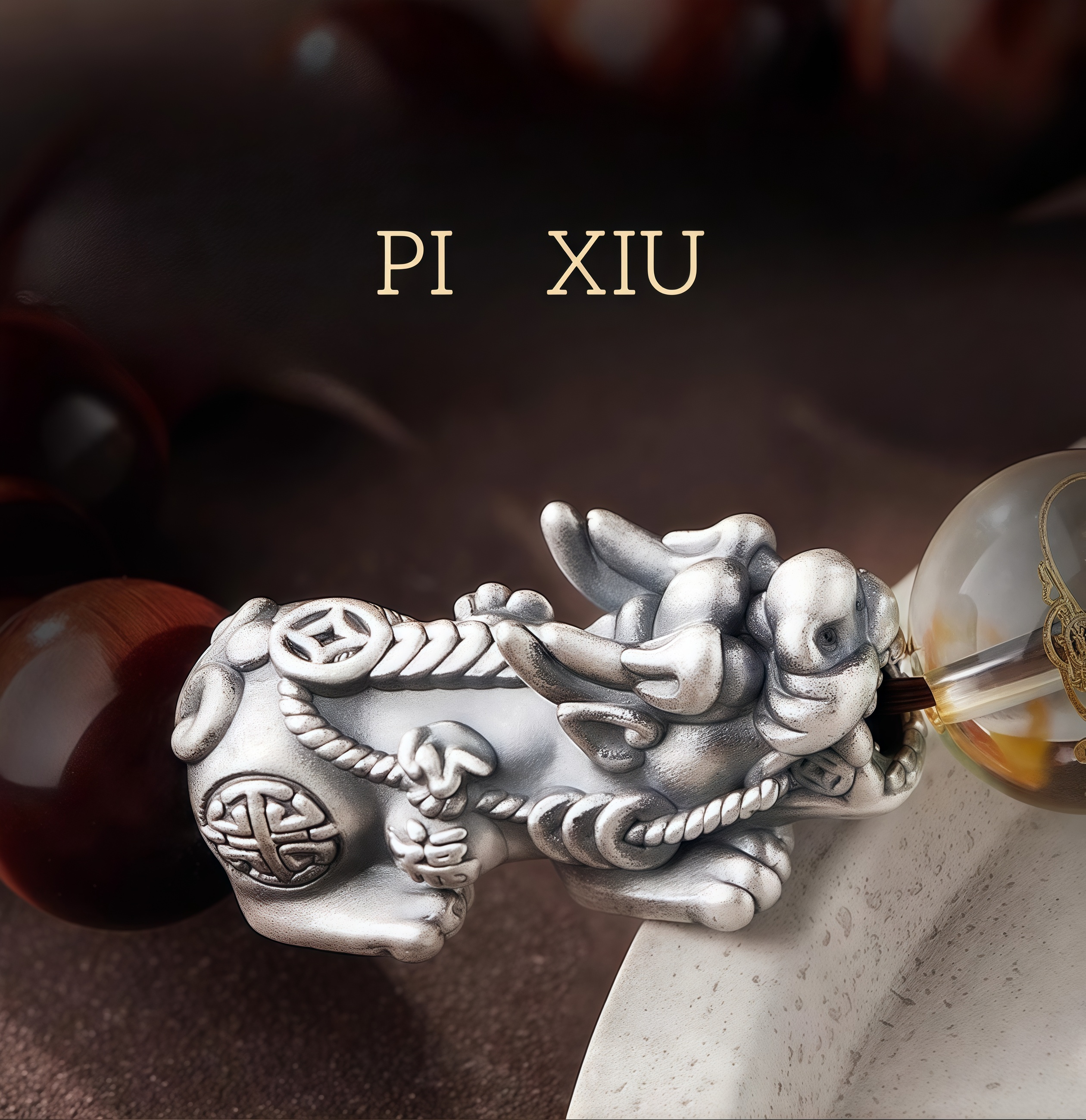 Silver Pi Xiu Bracelet with Five Wealth Gods & Red Tiger Eye Stone - Feng Shui Wealth & Protection Jewelry