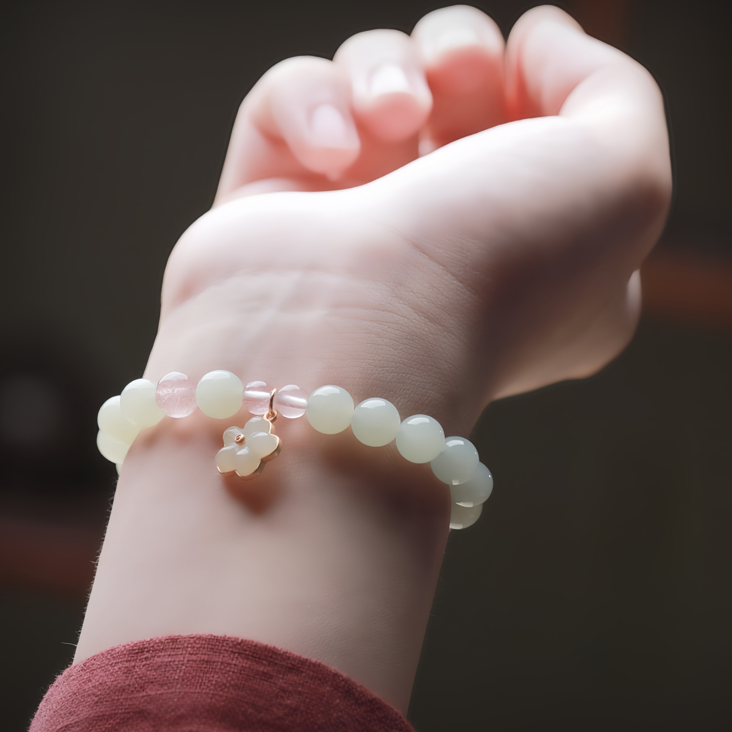 Natural Hetian Jade Bracelet with Blossom Charm - Feminine Love Jewelry