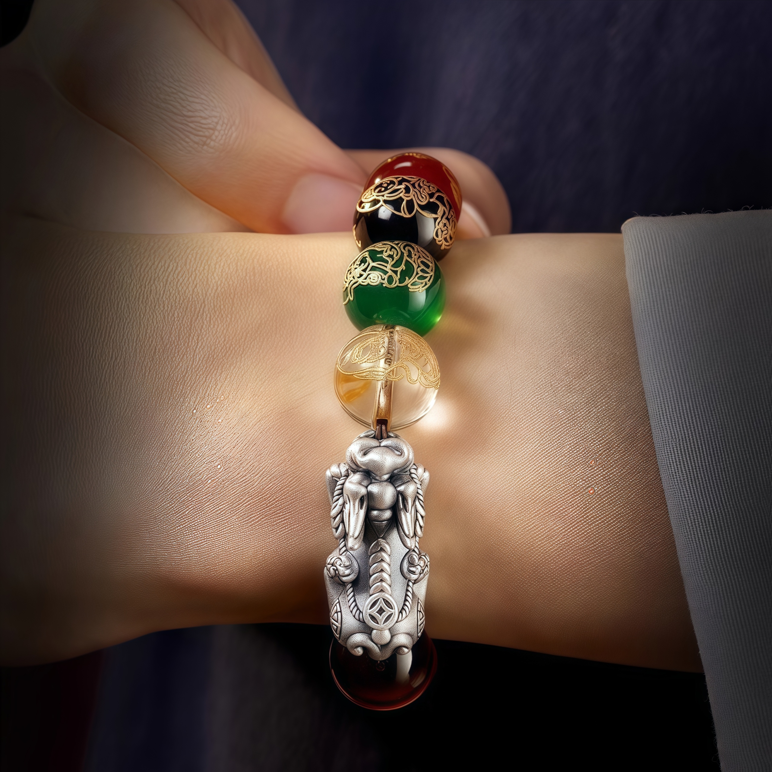Silver Pi Xiu Bracelet with Five Wealth Gods & Red Tiger Eye Stone - Feng Shui Wealth & Protection Jewelry