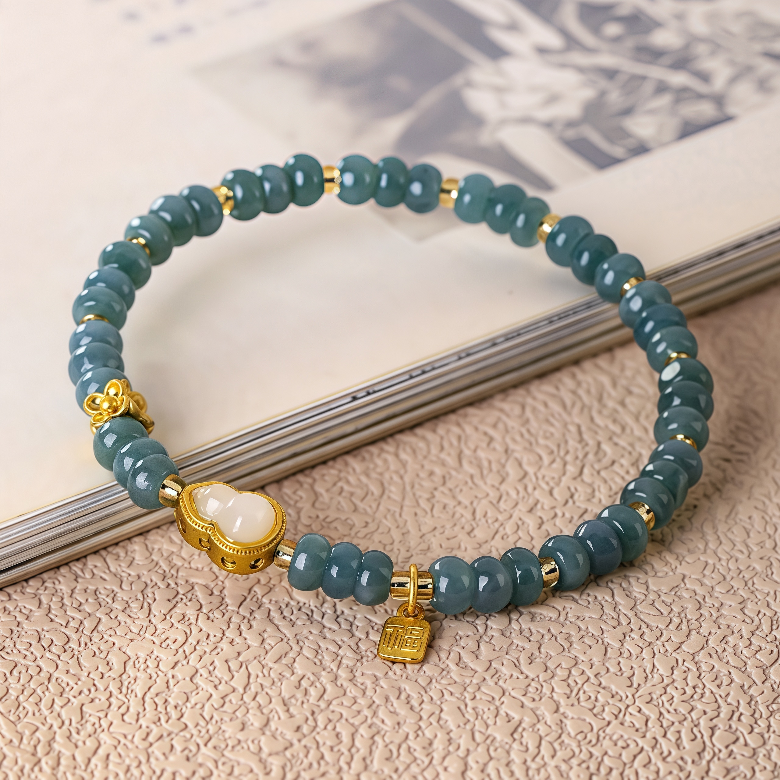 Blue Jade Abacus Beads Bracelet with Gourd Charm for Wealth & Good Fortune