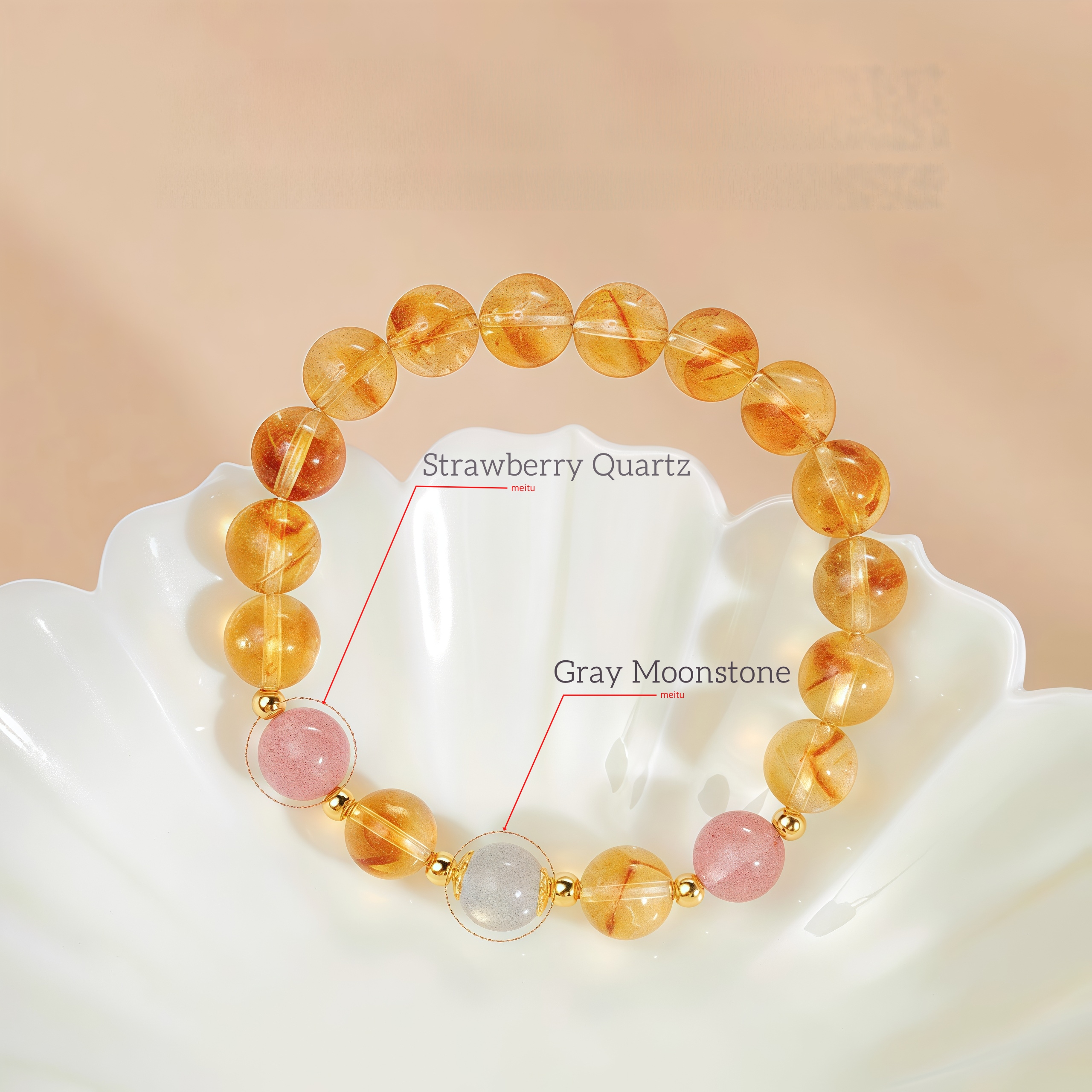 2025 New Yellow Citrine Bracelet with Moonstone & Strawberry Quartz - Wealth, Love & Intuition Jewelry for Her