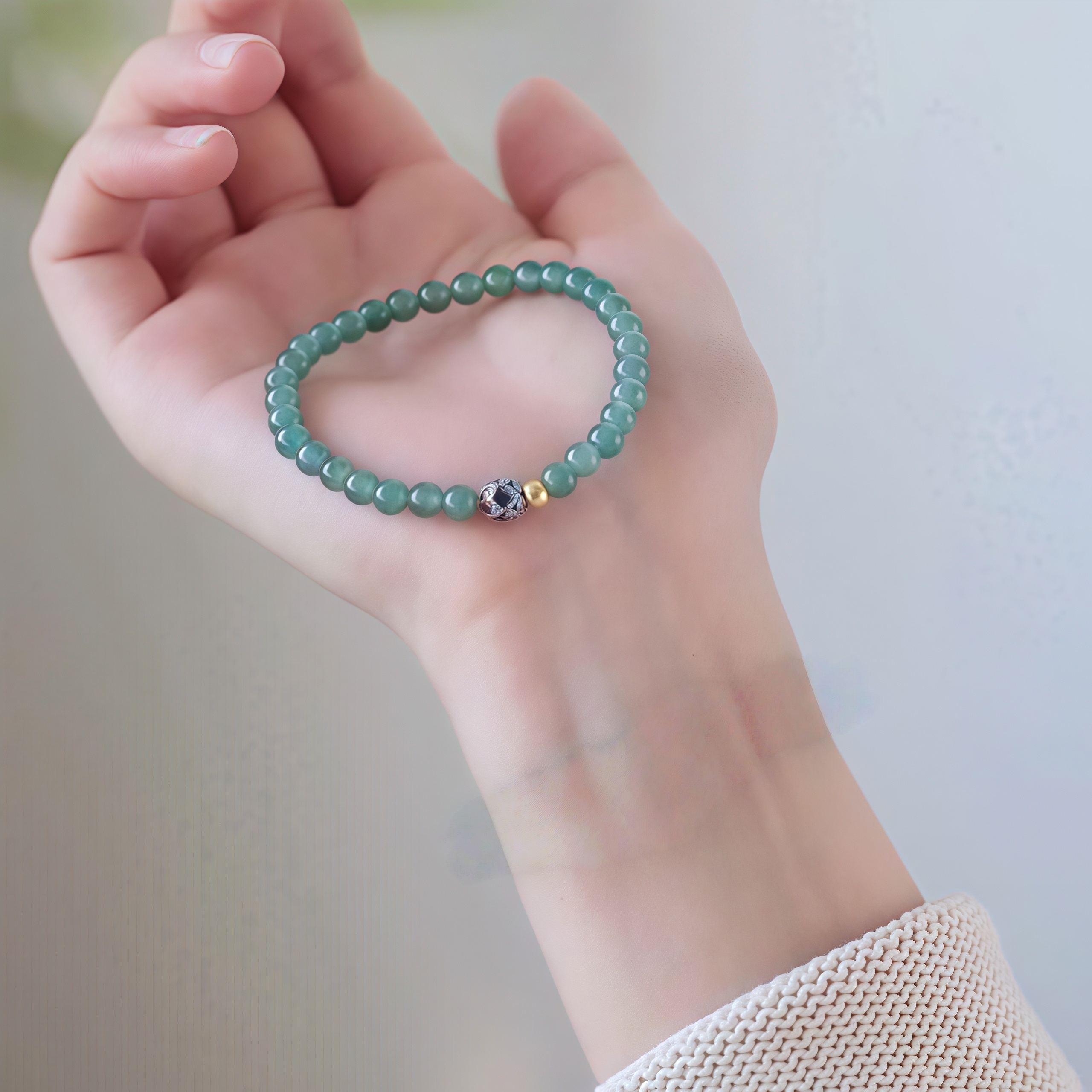 Blue Water Jadeite Bracelet with Lotus Charm - Mindfulness & Feng Shui Wealth Jewelry