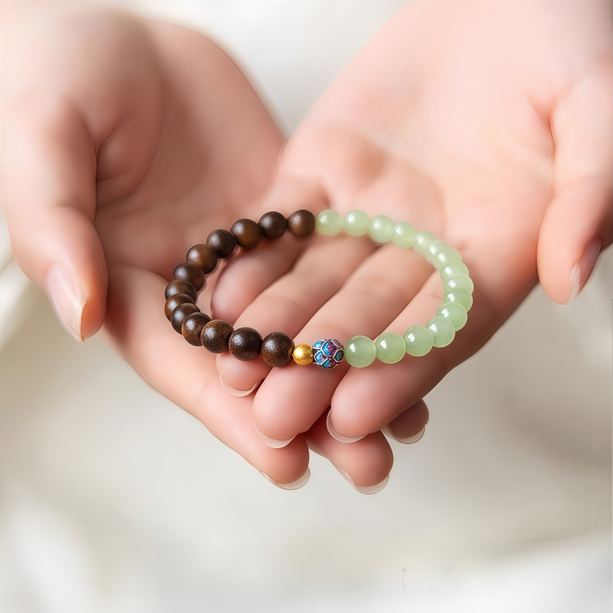 Agarwood & Hetian Jade Bracelet with Lotus Charm - Zen Jewelry for Women