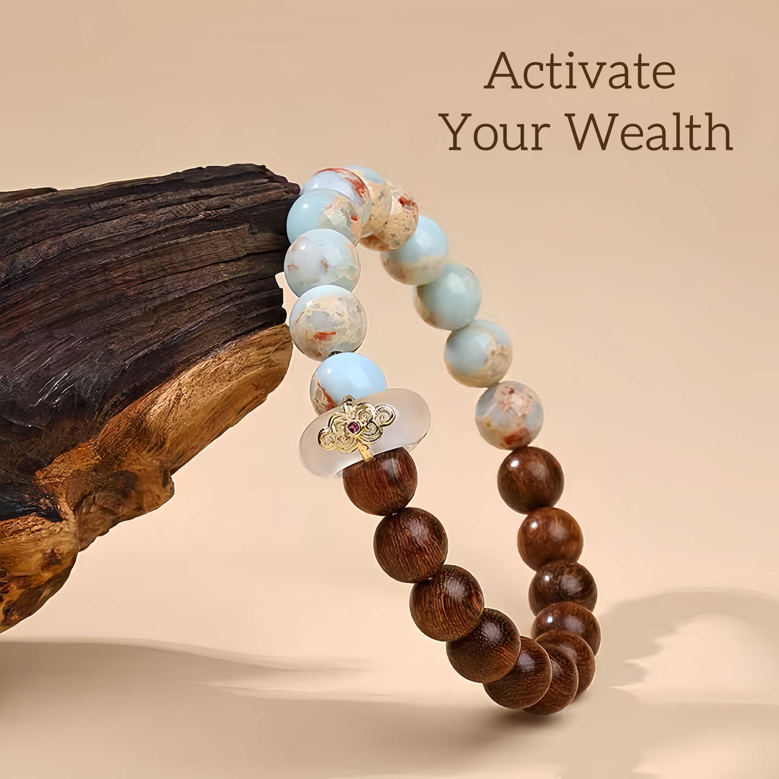 Rosewood & Shoushan Stone Bracelet with Jade Ring - Zen Jewelry for Women