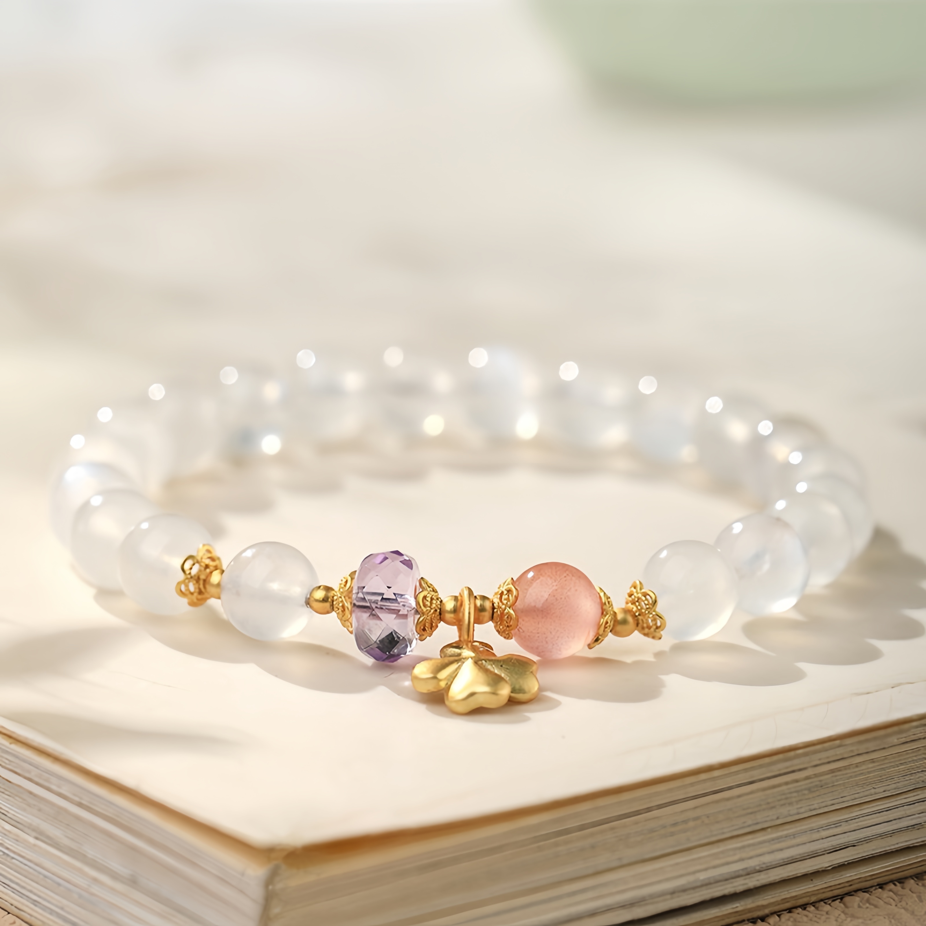 Moonstone Amethyst Rose Quartz Bracelet with Gold Clover - Feminine Energy Jewelry