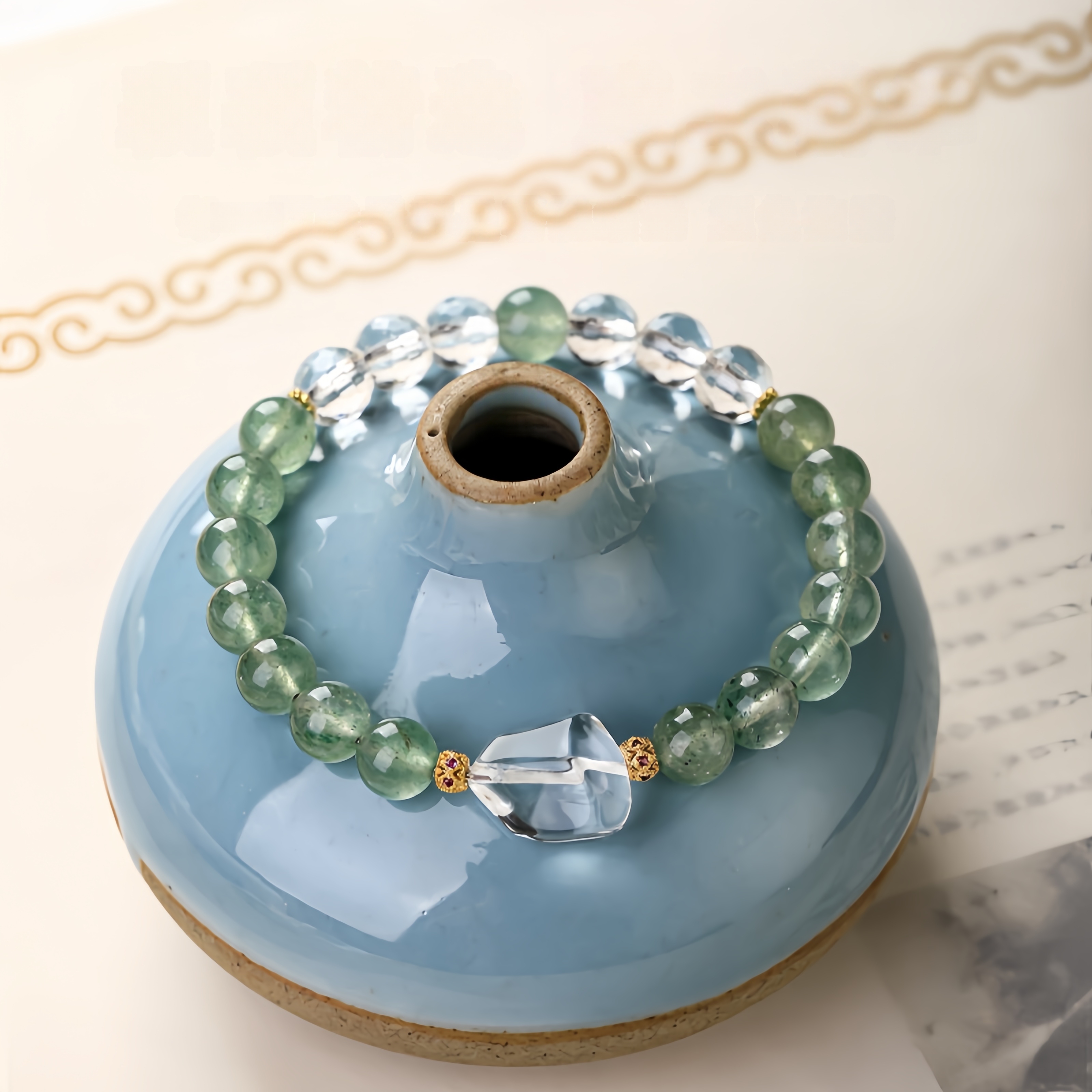 Green Strawberry Quartz & Clear Crystal Bracelet - Heart Chakra & Clarity Jewelry