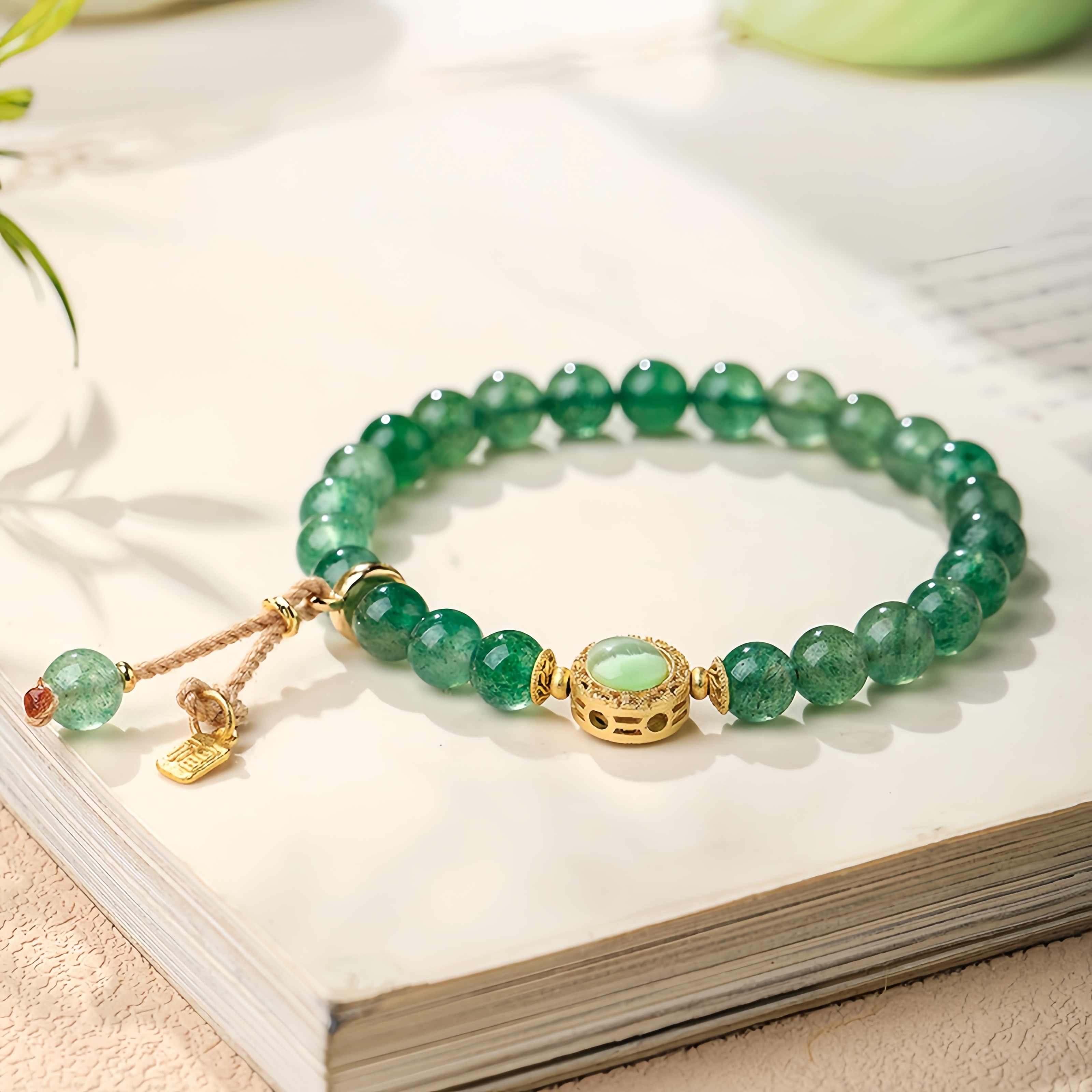 Green Strawberry Quartz & Ice Jade Fu Symbol Bracelet
