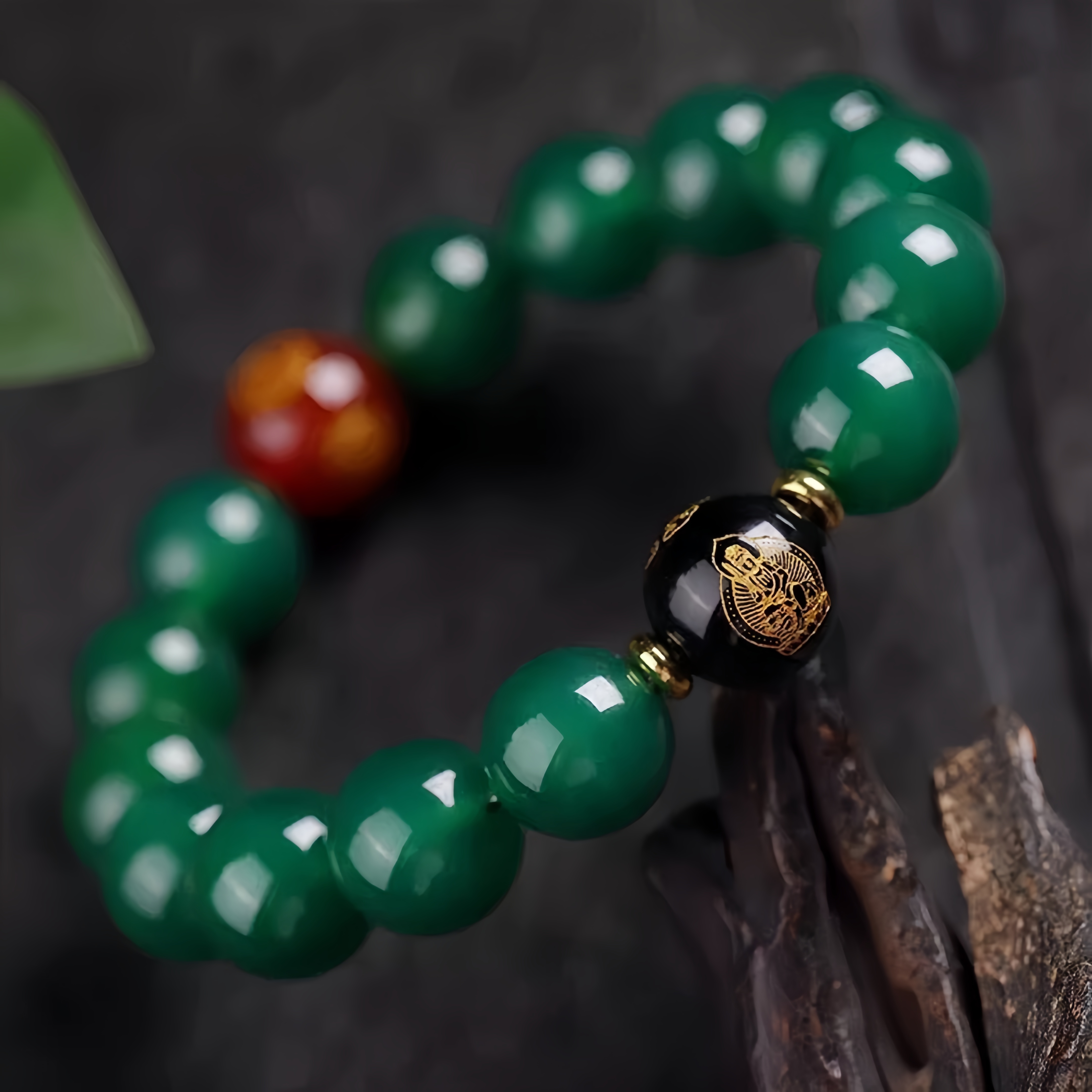 Green Agate Feng Shui Bracelet - Red Agate & Buddha Obsidian