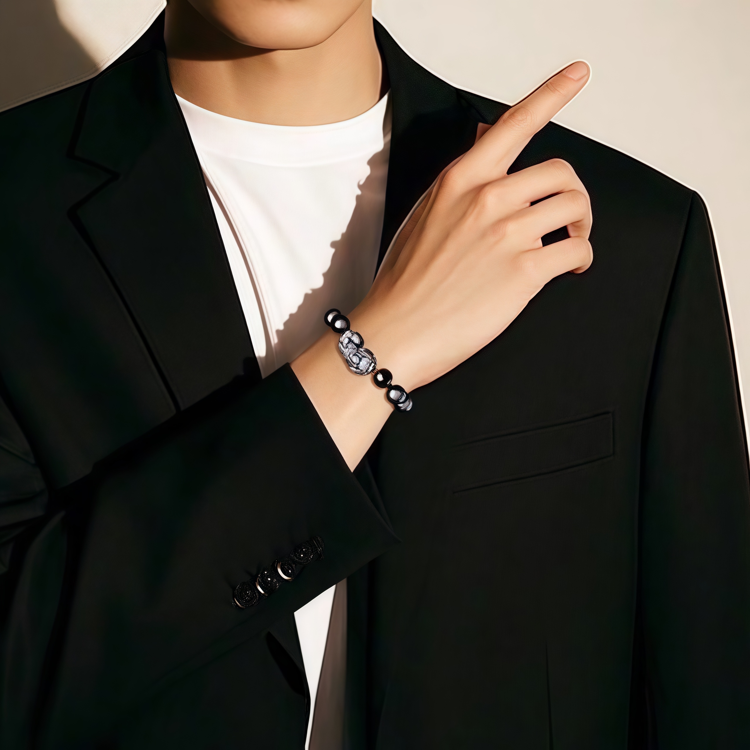 Silver Obsidian Pi Xiu Bracelet - Zodiac Buddha Spinner