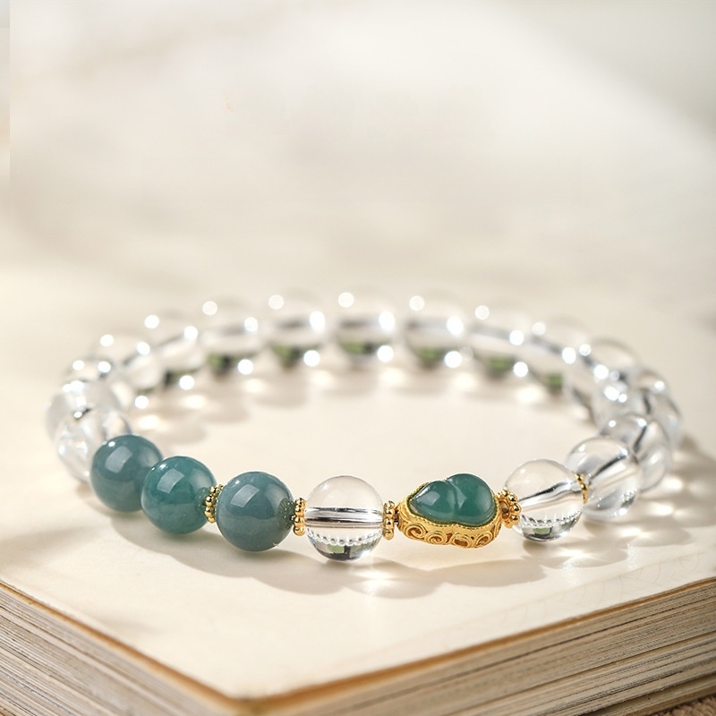White Crystal Bracelet - Aqua Jade & Double Fortune Gourd