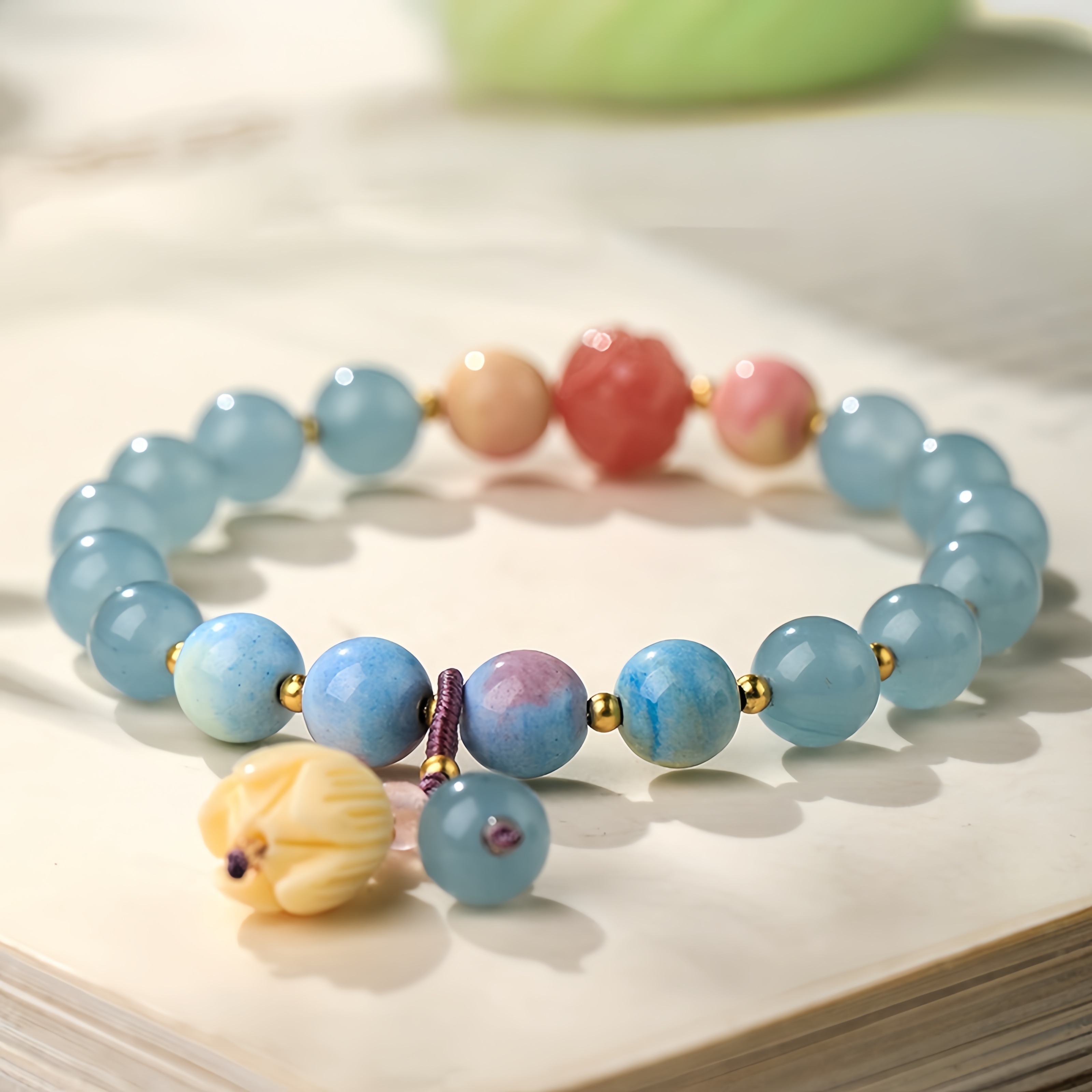 Aquamarine Bracelet - Flower Agate Charm & Ocean Energy