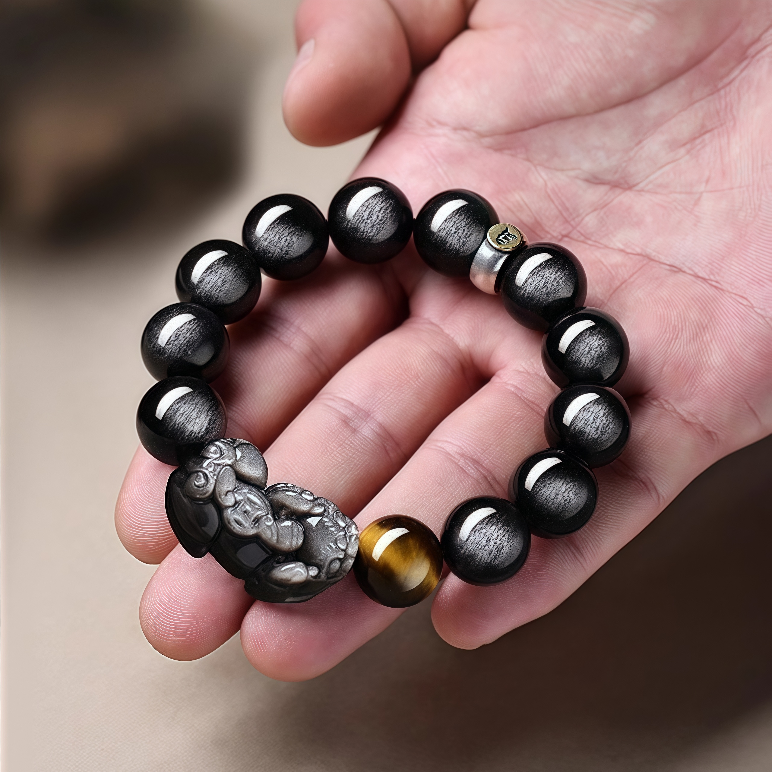 Silver Obsidian Pi Xiu Bracelet - Zodiac Buddha Spinner