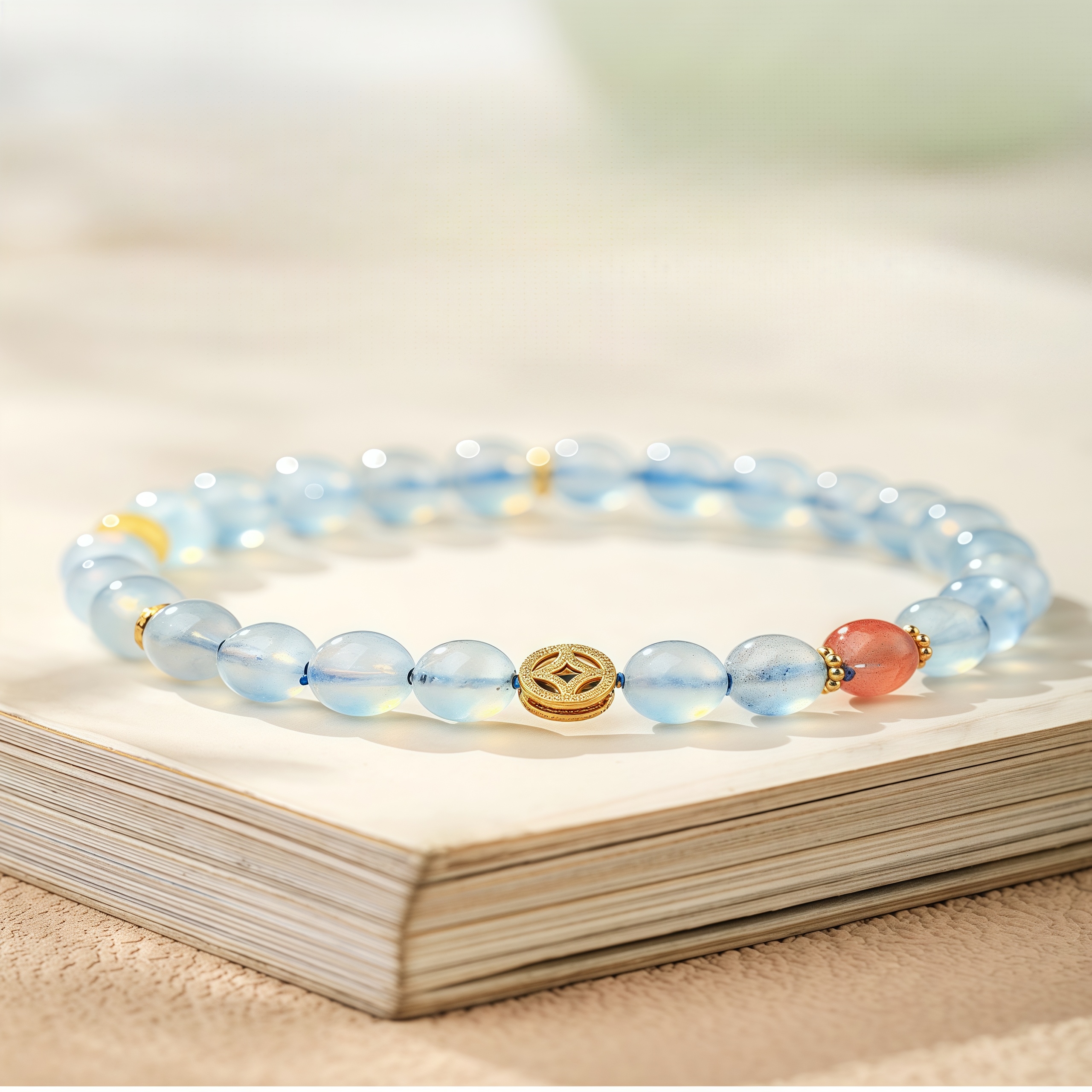 Ice-Type Aquamarine & Southern Red Agate Beaded Bracelet with Amber