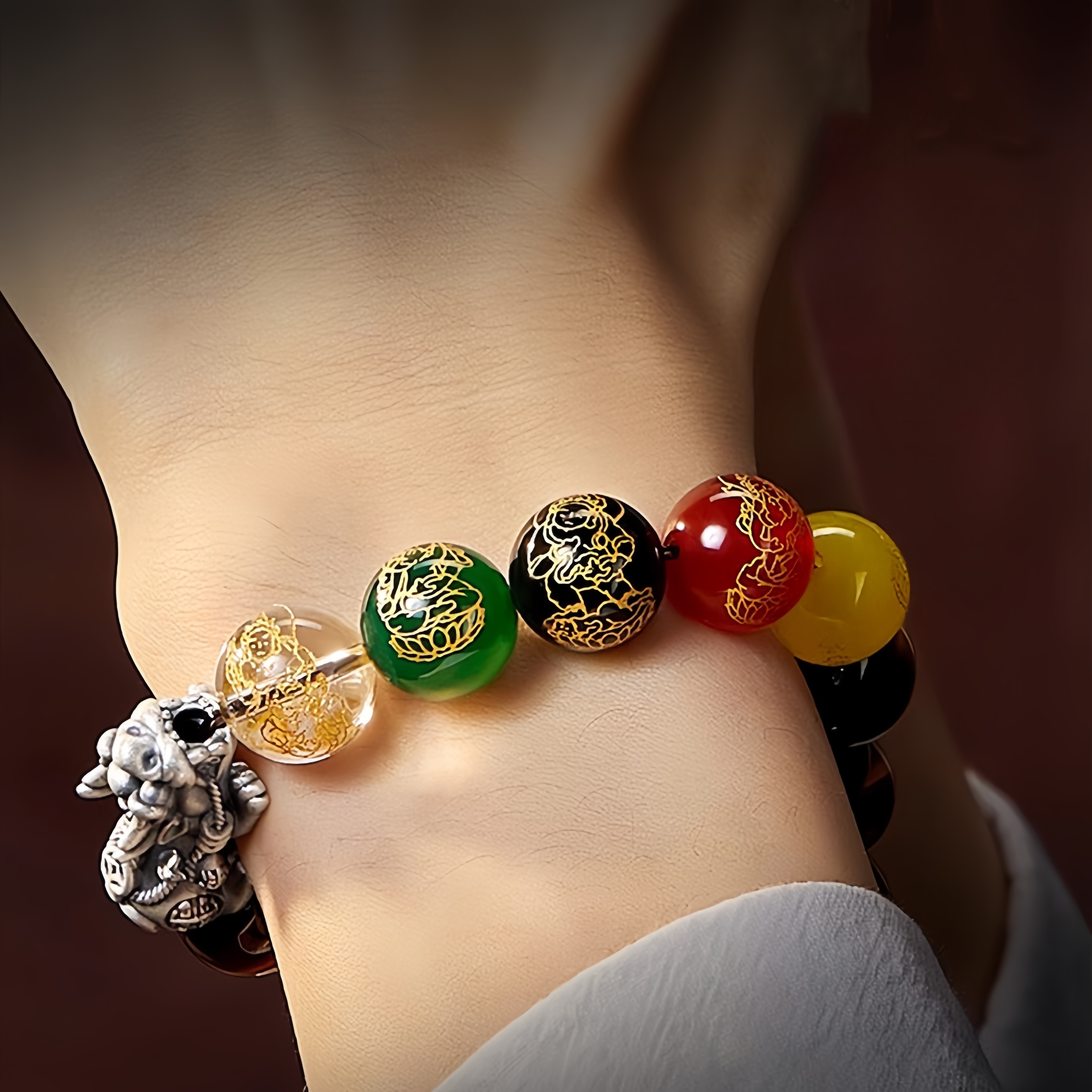 Silver Pi Xiu Bracelet with Five Wealth Gods & Red Tiger Eye Stone - Feng Shui Wealth & Protection Jewelry