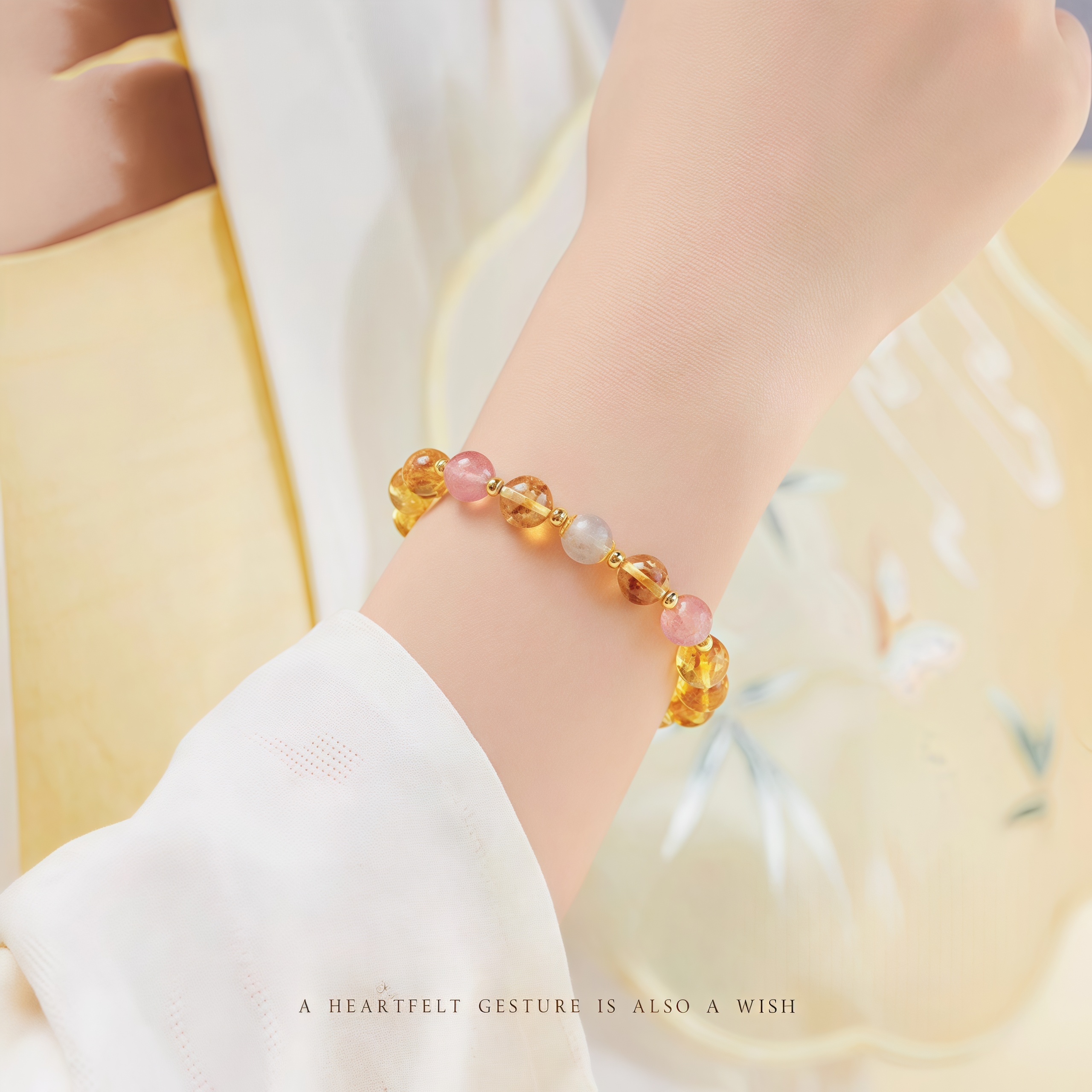 2025 New Yellow Citrine Bracelet with Moonstone & Strawberry Quartz - Wealth, Love & Intuition Jewelry for Her