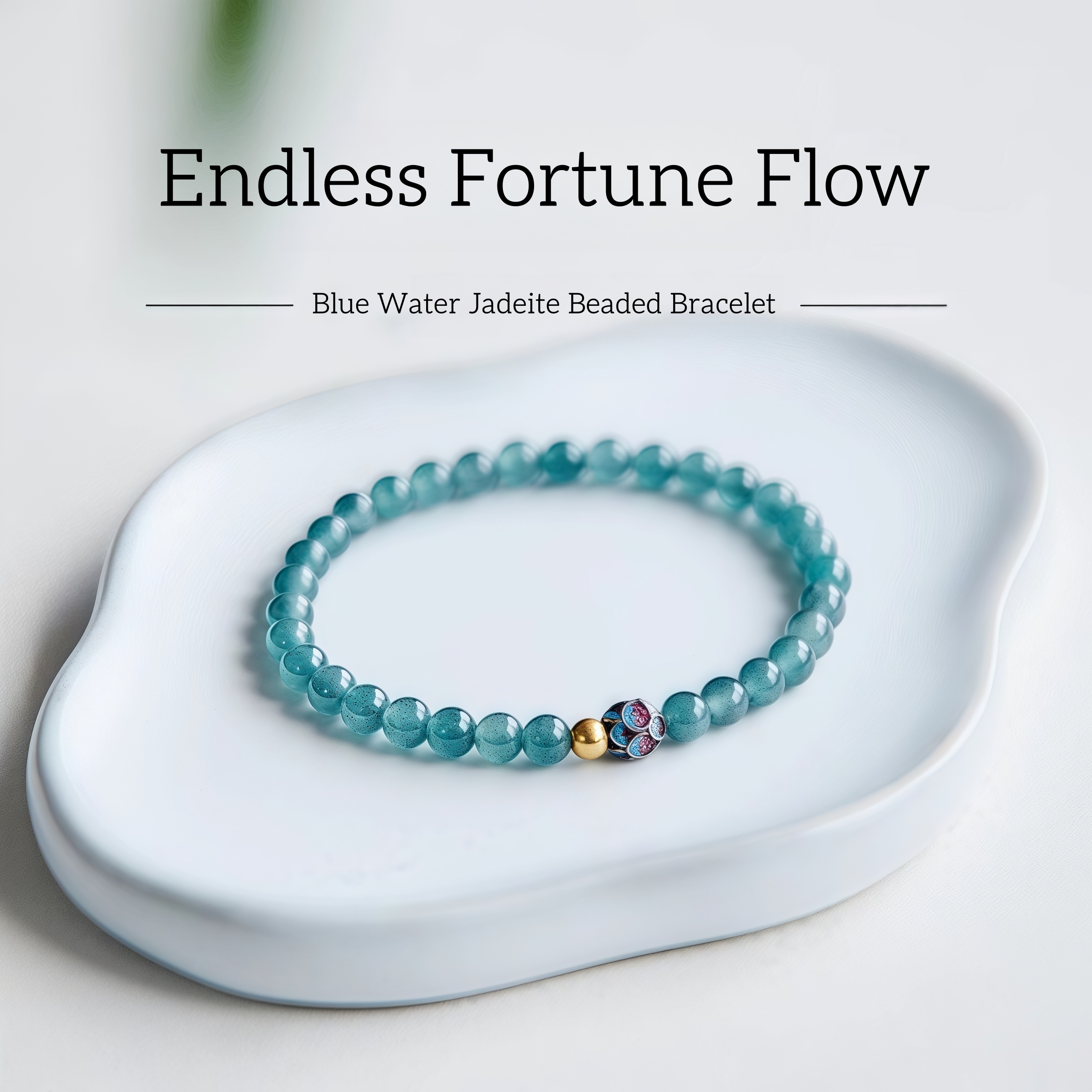 Blue Water Jadeite Bracelet with Lotus Charm - Mindfulness & Feng Shui Wealth Jewelry