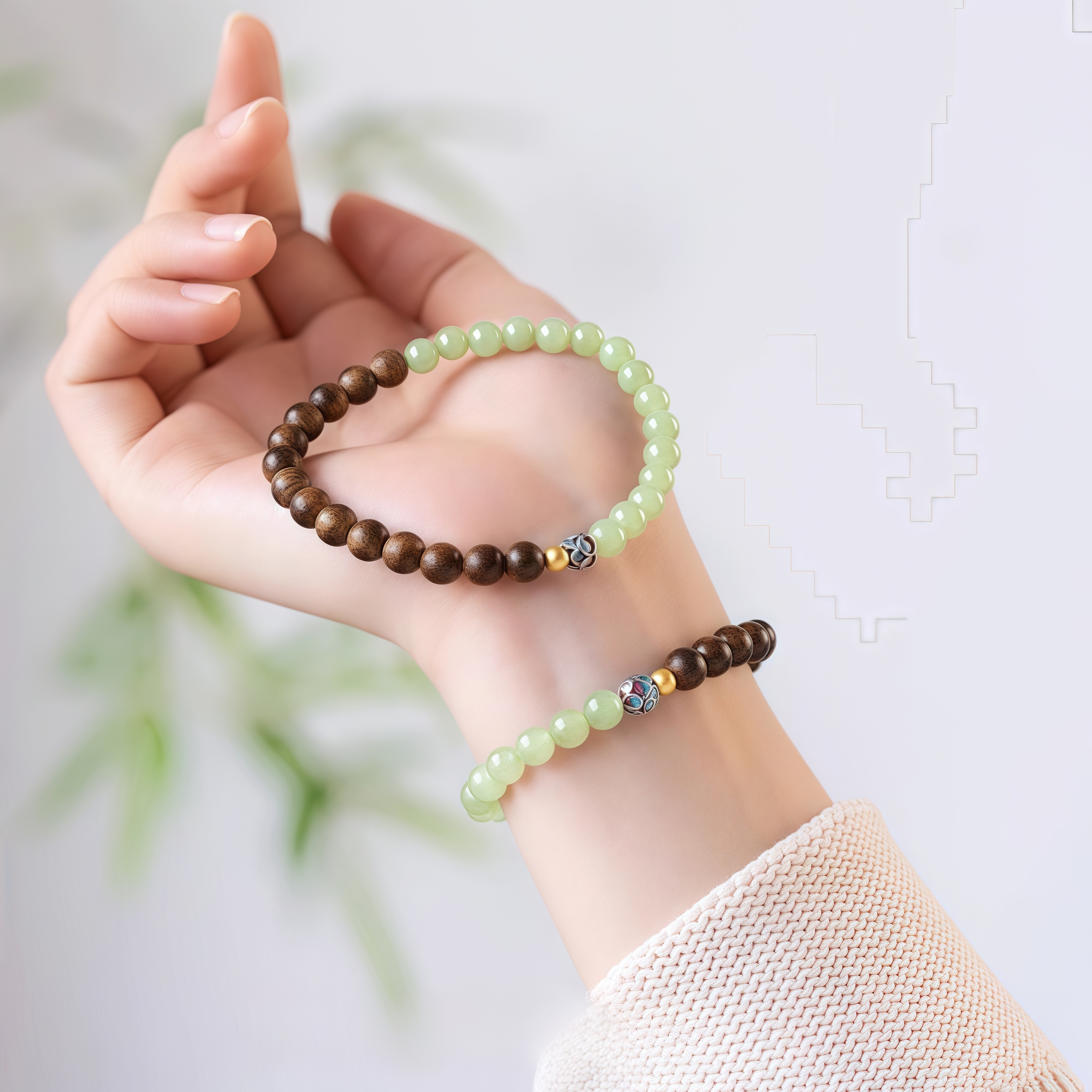 Agarwood & Hetian Jade Bracelet with Lotus Charm - Zen Jewelry for Women
