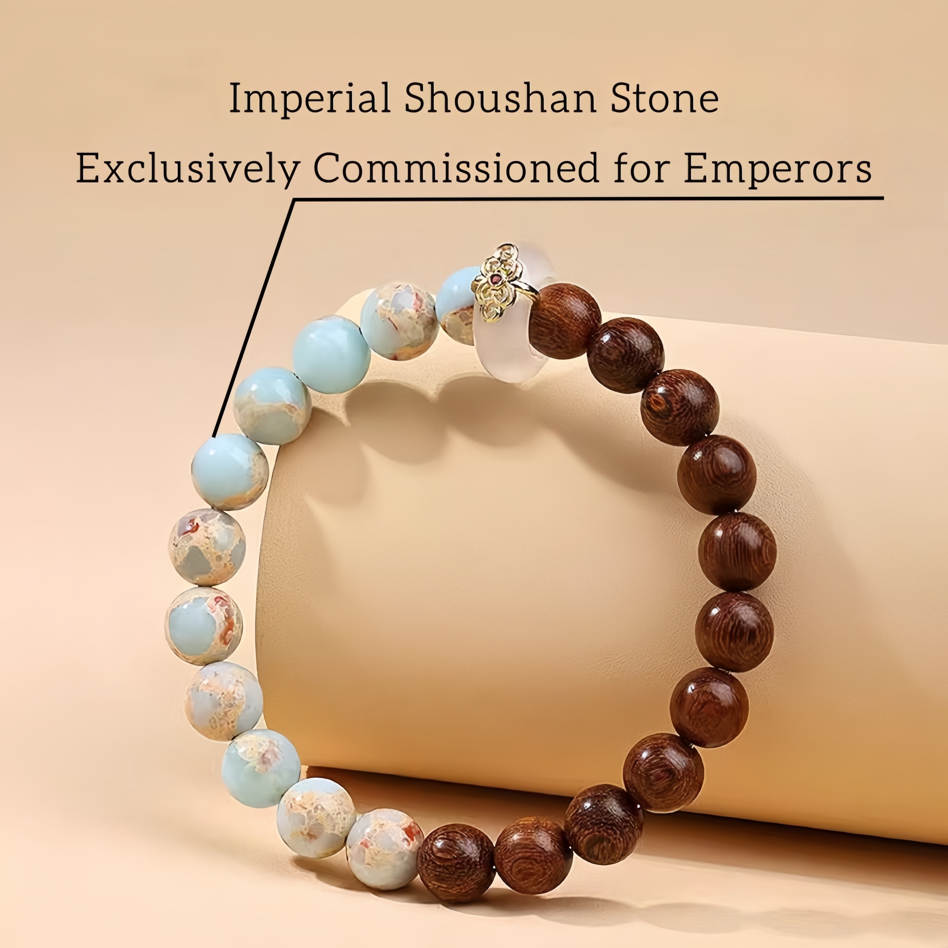 Rosewood & Shoushan Stone Bracelet with Jade Ring - Zen Jewelry for Women