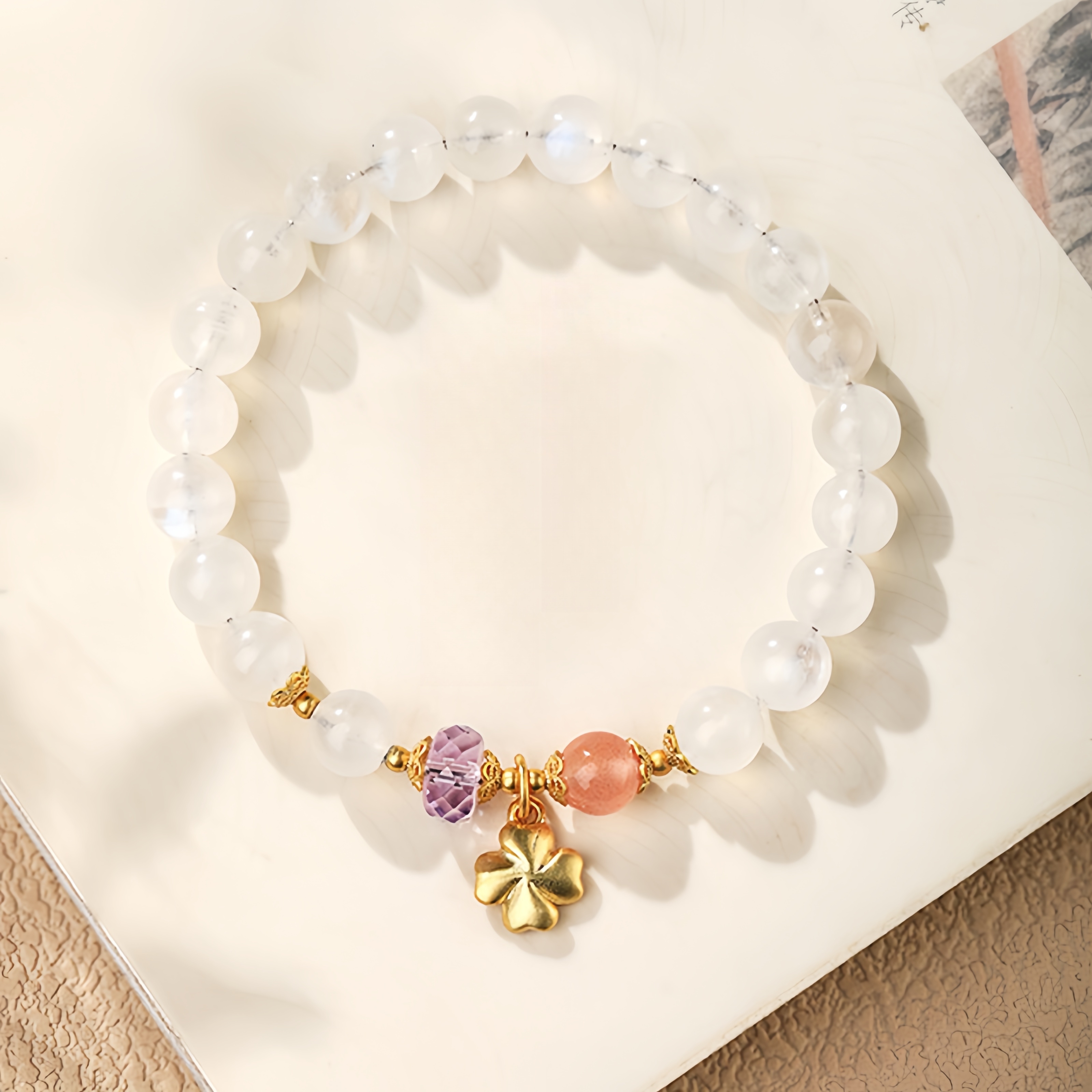 Moonstone Amethyst Rose Quartz Bracelet with Gold Clover - Feminine Energy Jewelry