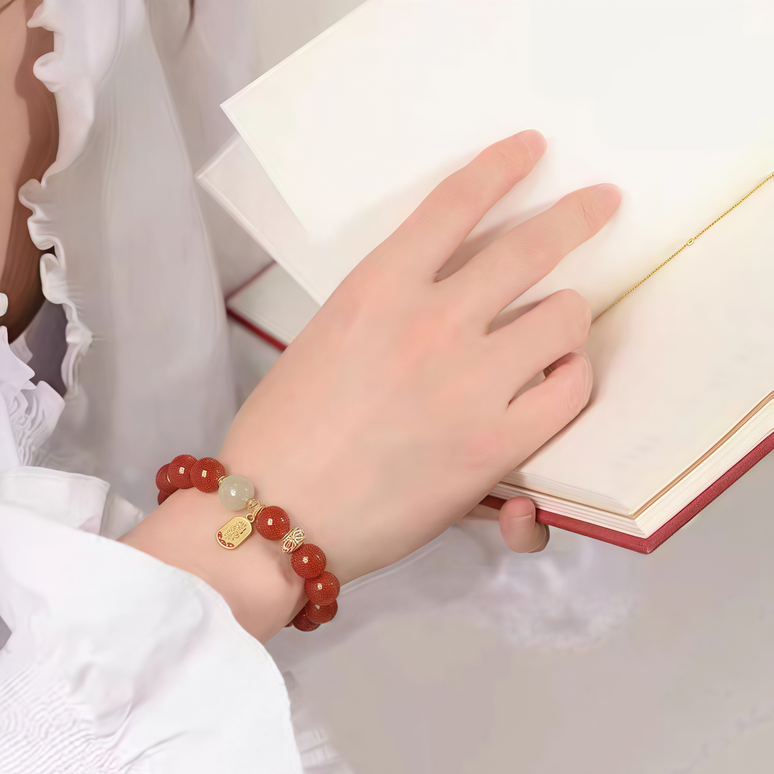 Red Agate & Hetian Jade Beaded Bracelet