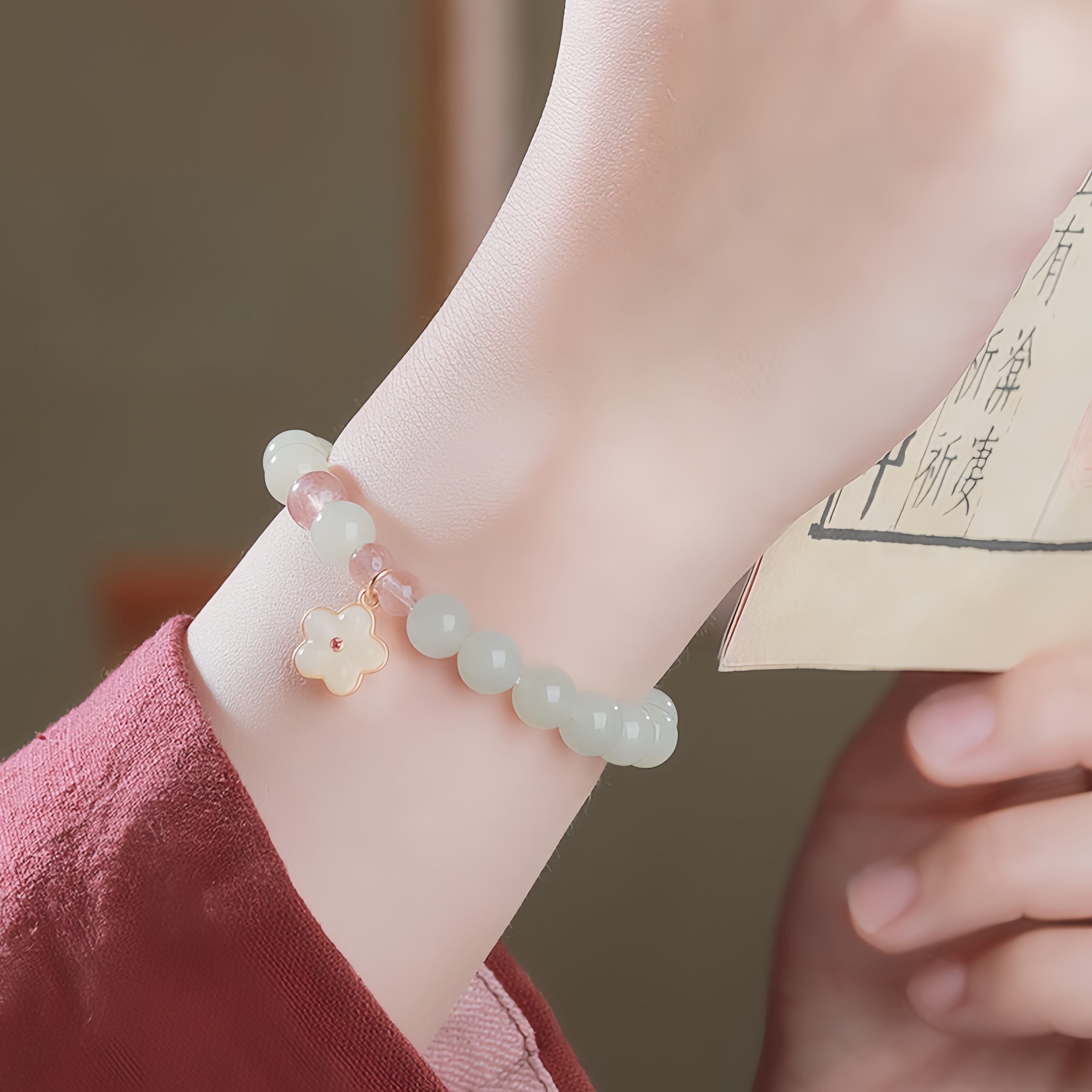 Natural Hetian Jade Bracelet with Blossom Charm - Feminine Love Jewelry
