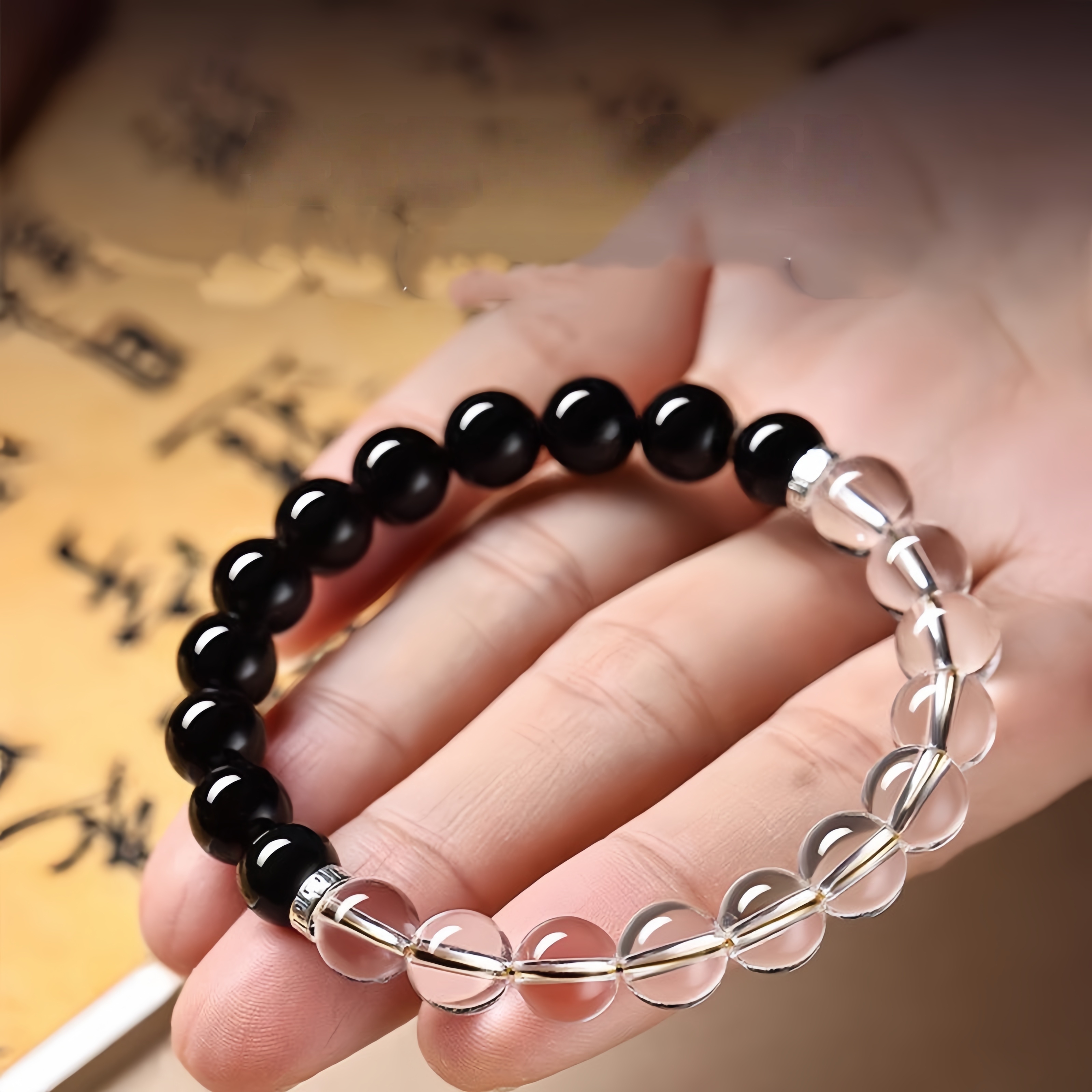 Black Obsidian & White Crystal Bracelet - Energy Balancing Lucky Jewelry