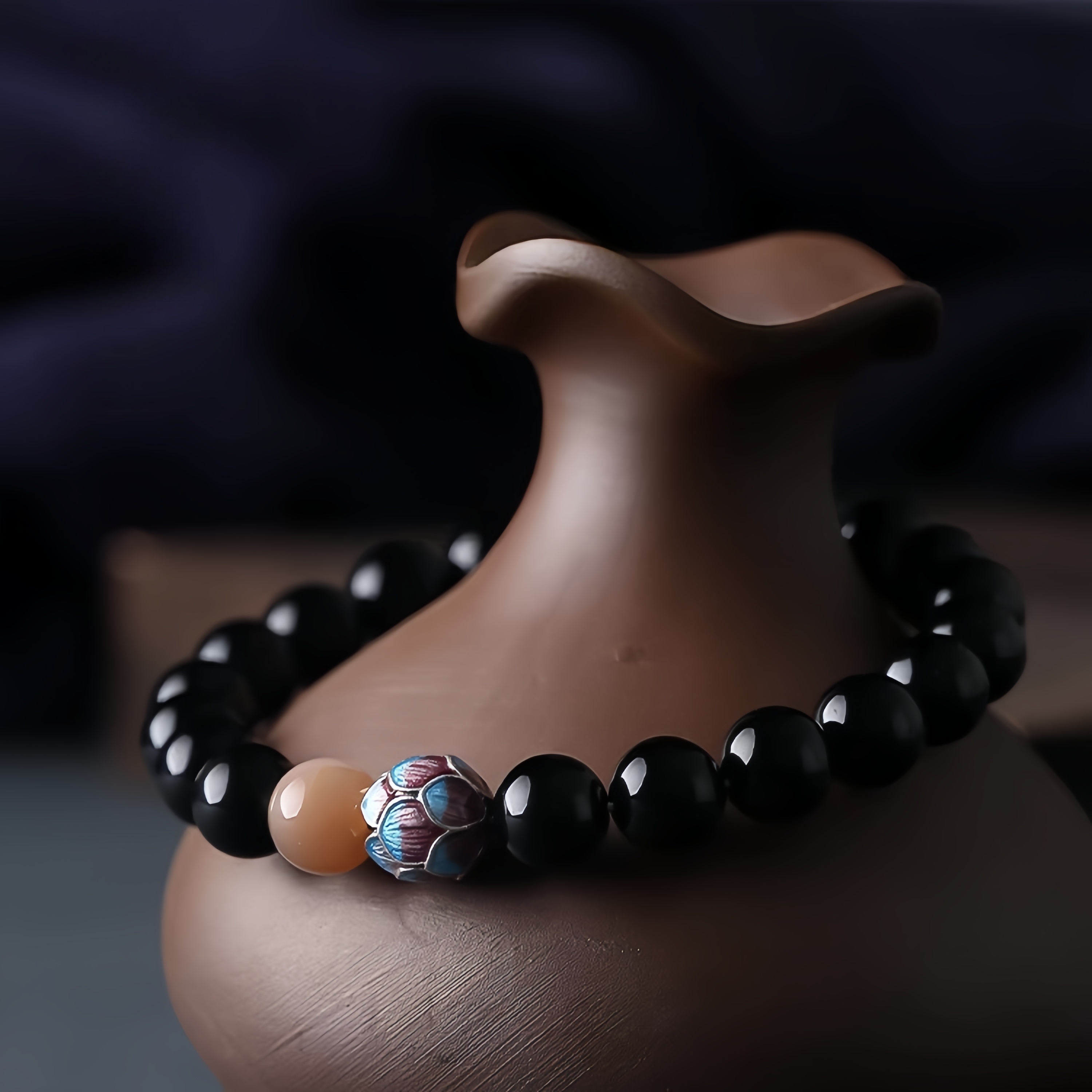 Black Obsidian & Sunstone Lotus Bracelet - Energy Protection & Vitality Jewelry