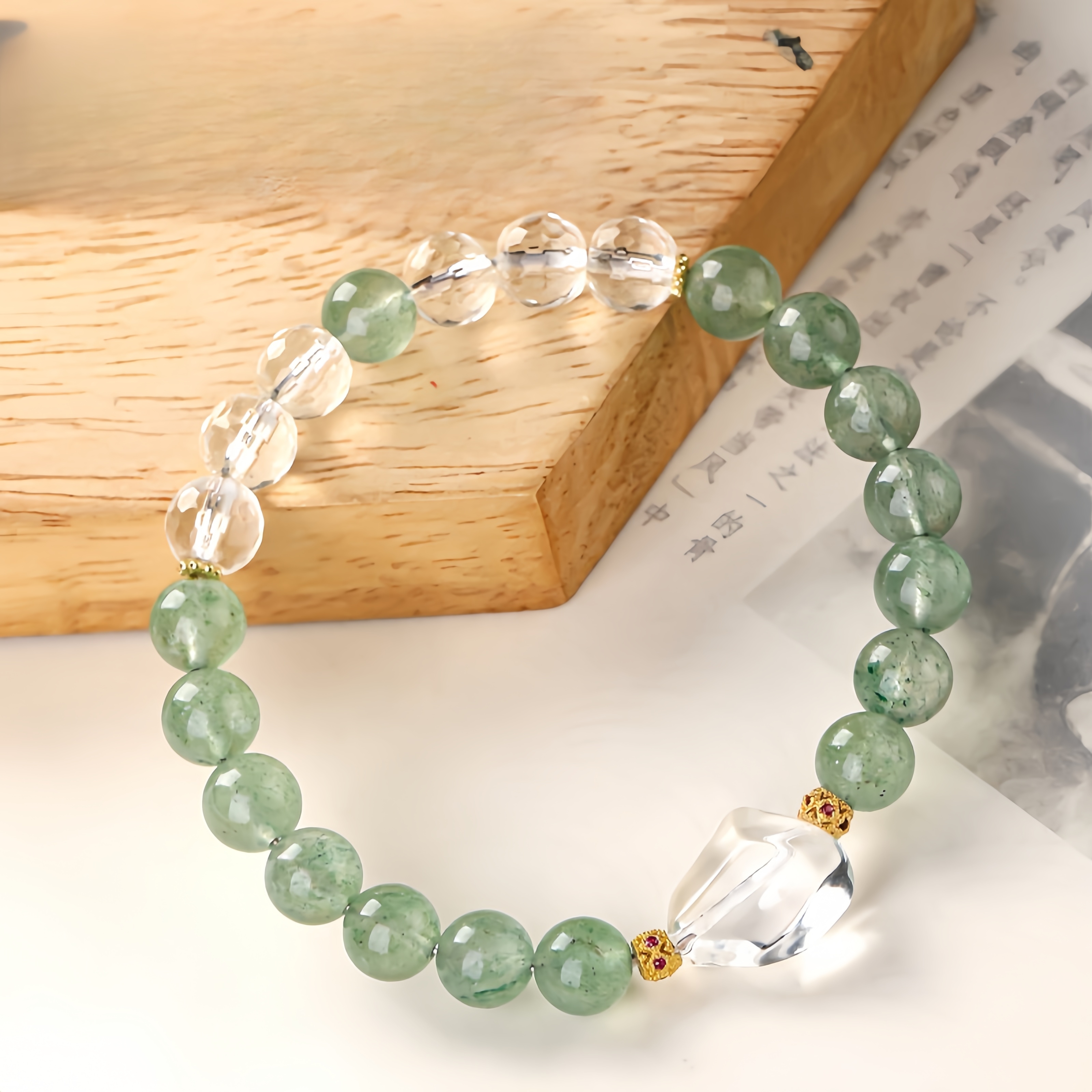 Green Strawberry Quartz & Clear Crystal Bracelet - Heart Chakra & Clarity Jewelry
