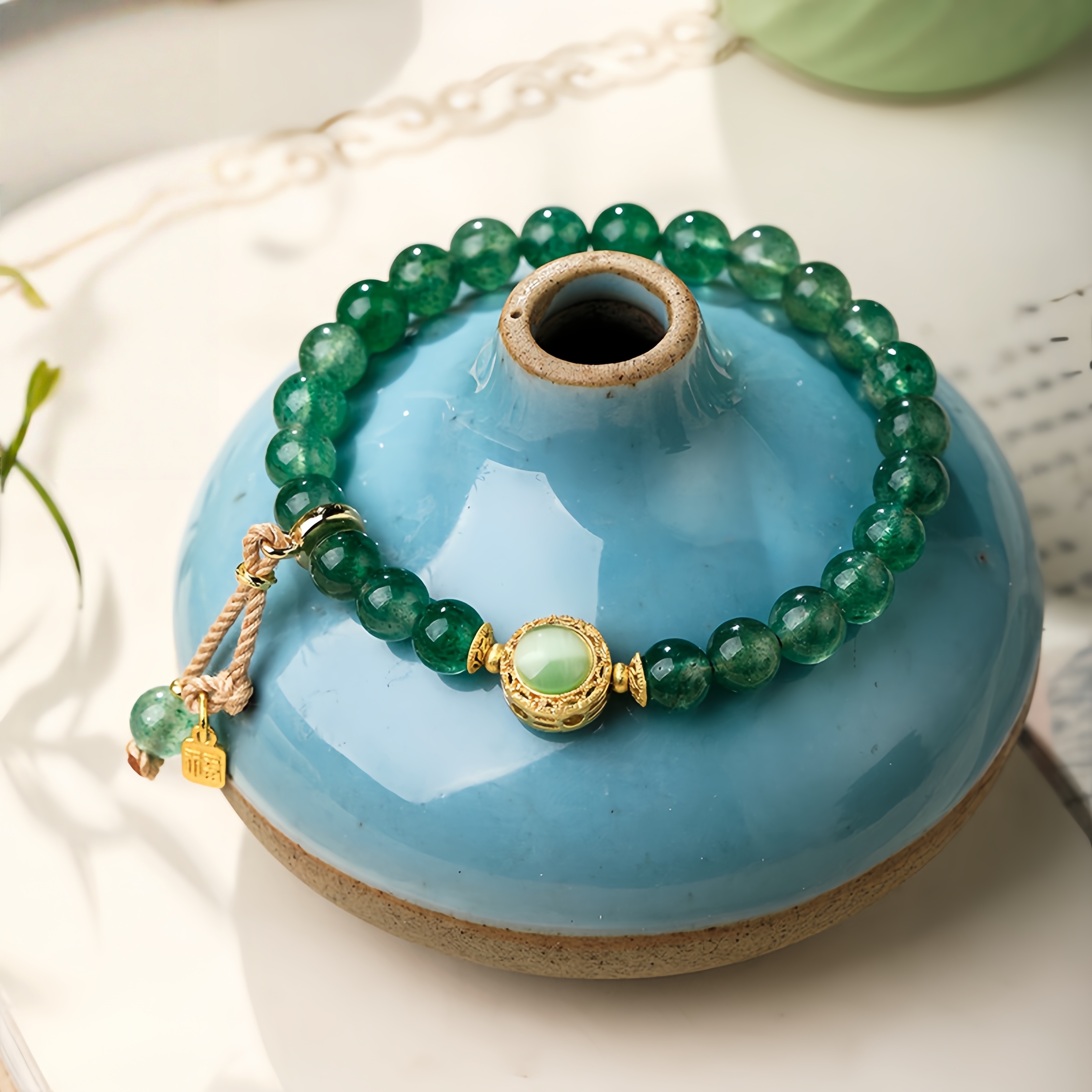 Green Strawberry Quartz & Ice Jade Fu Symbol Bracelet