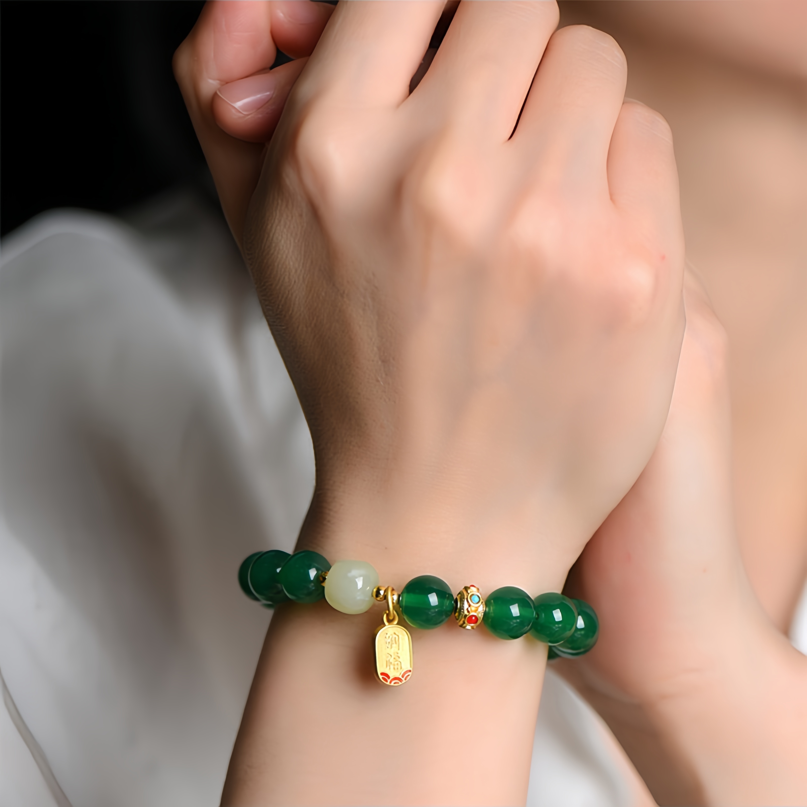Natural Green Agate Bracelet - Hetian Jade & Blessing Charm