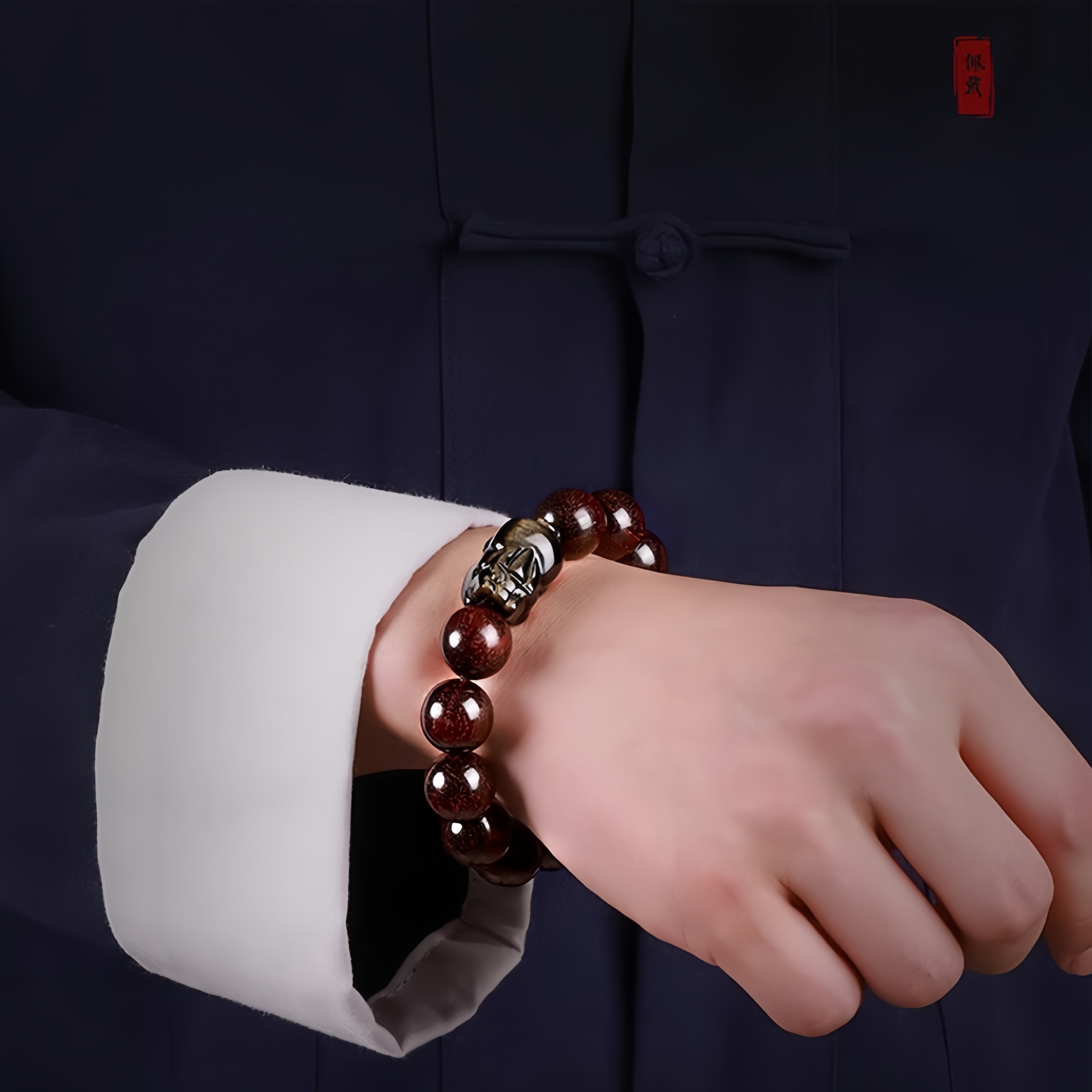 Red Sandalwood Pi Xiu Bracelet - Gold Obsidian & Zodiac Buddha
