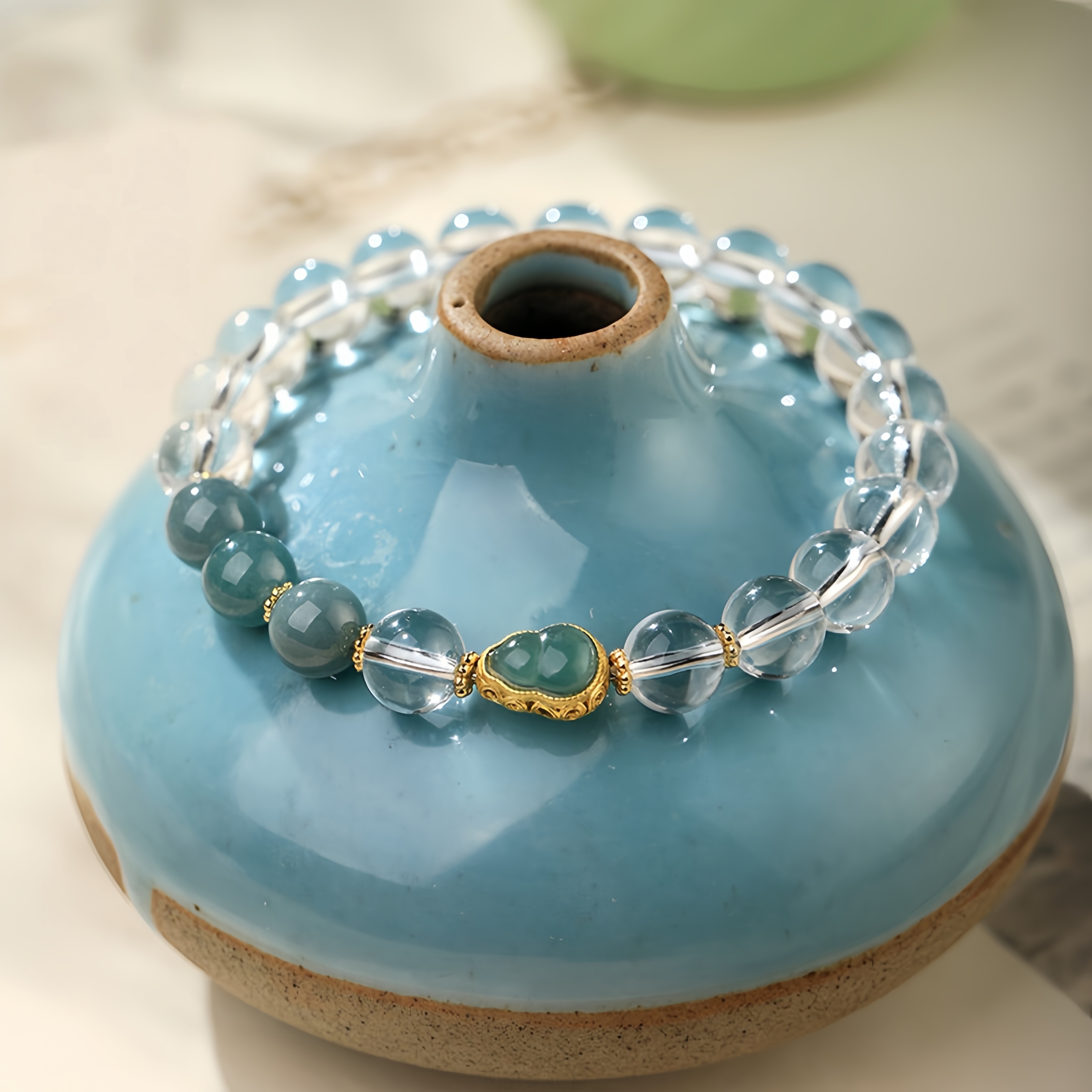 White Crystal Bracelet - Aqua Jade & Double Fortune Gourd