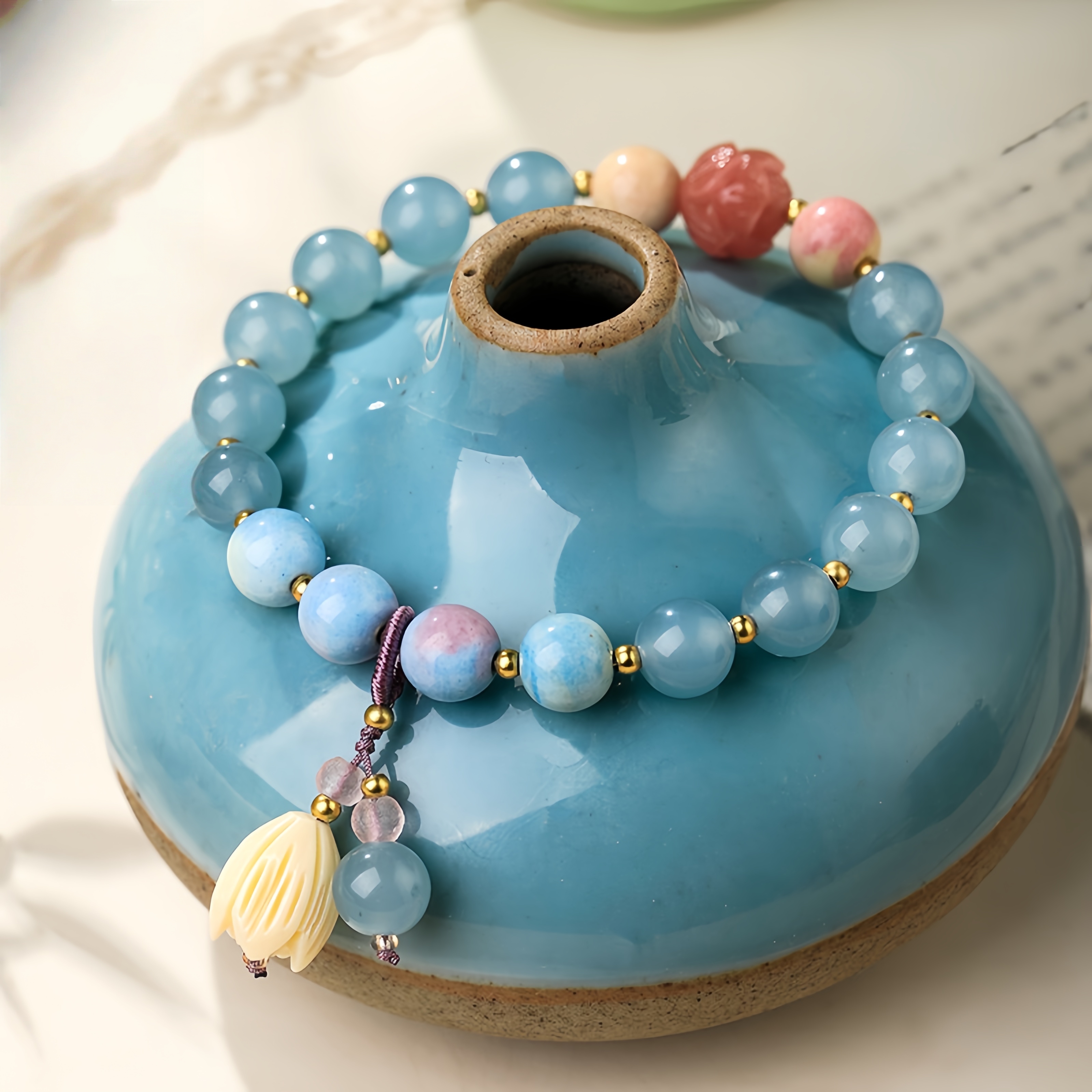 Aquamarine Bracelet - Flower Agate Charm & Ocean Energy