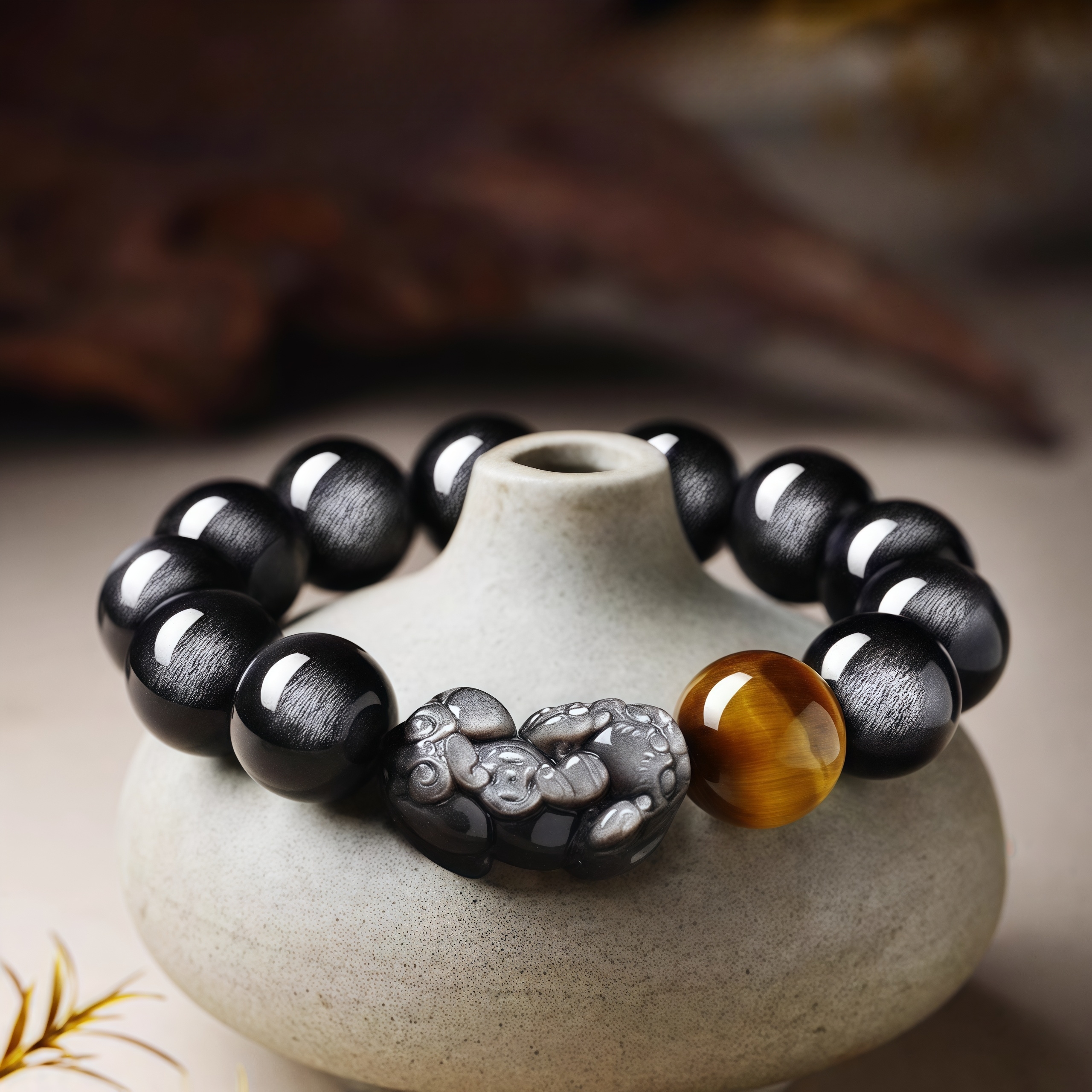 Silver Obsidian Pi Xiu Bracelet - Zodiac Buddha Spinner