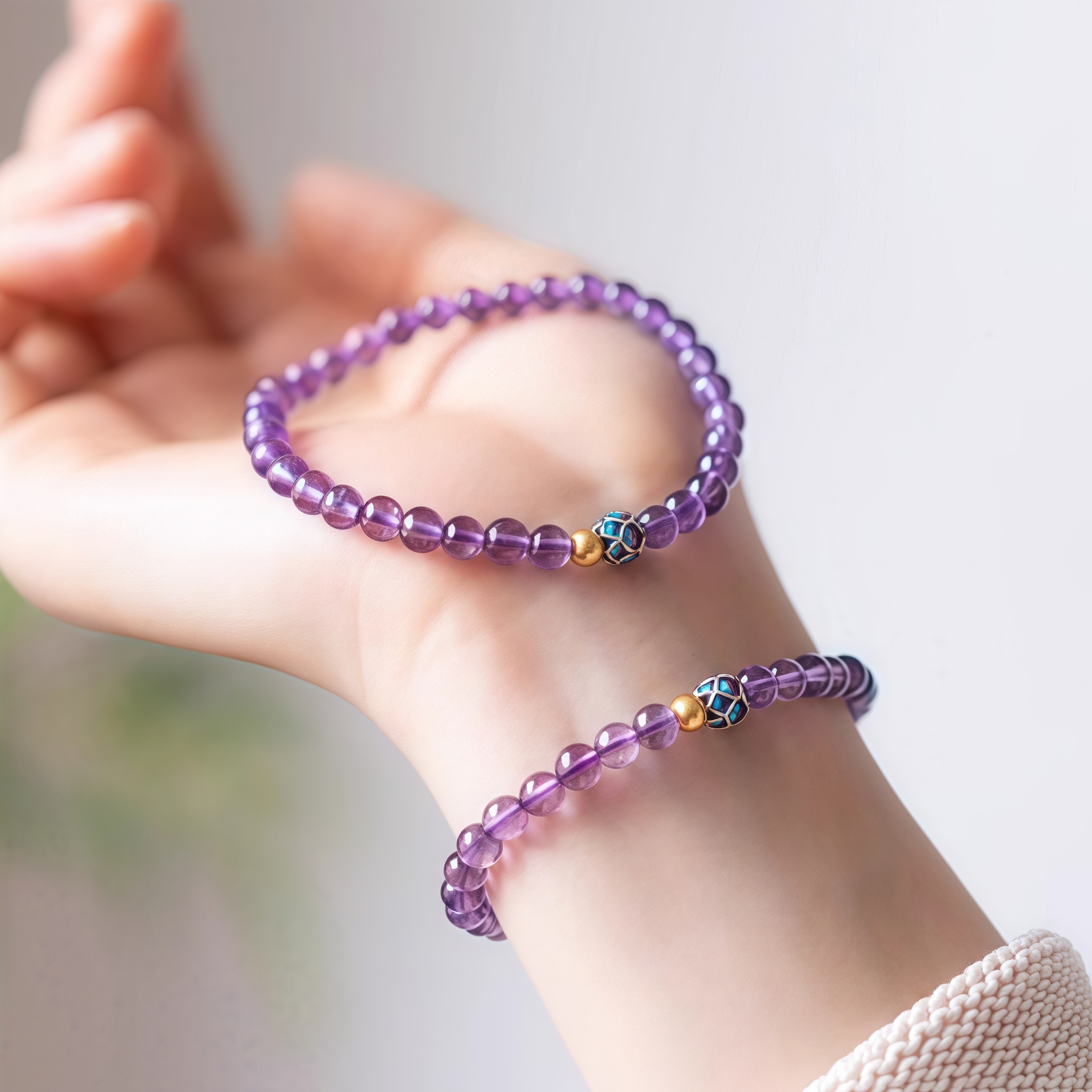 Nine Purple Fire Amethyst Bracelet with Lotus Charm - Feng Shui Luck & Spiritual Protection Jewelry