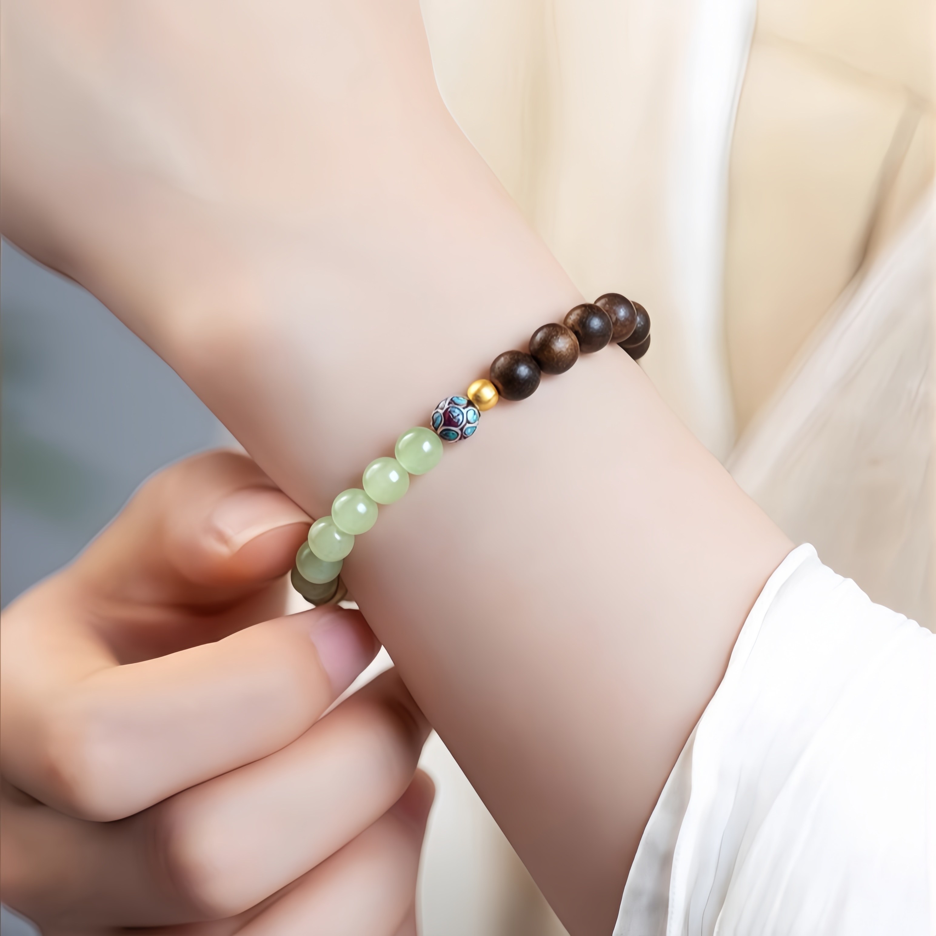 Agarwood & Hetian Jade Bracelet with Lotus Charm - Zen Jewelry for Women