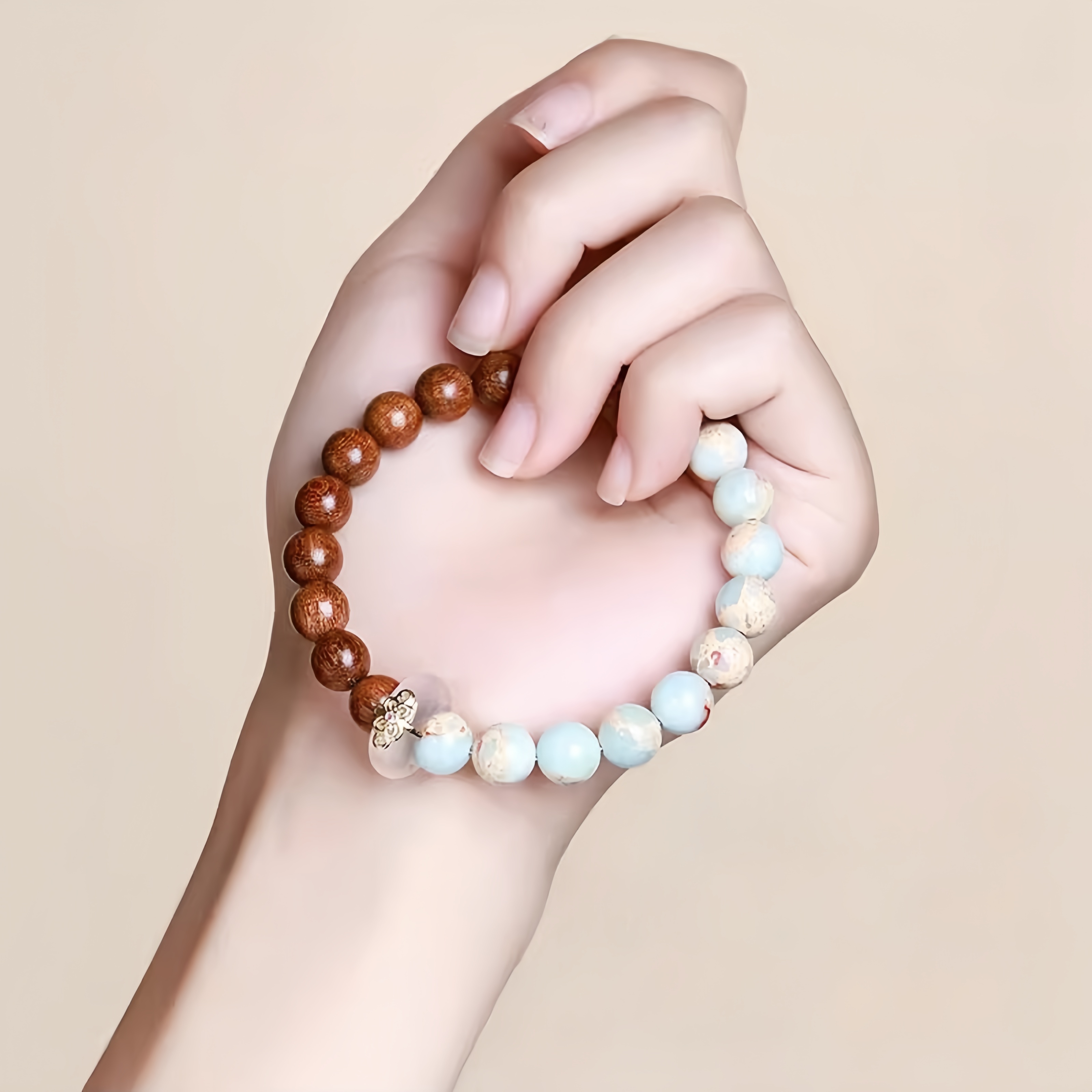 Rosewood & Shoushan Stone Bracelet with Jade Ring - Zen Jewelry for Women
