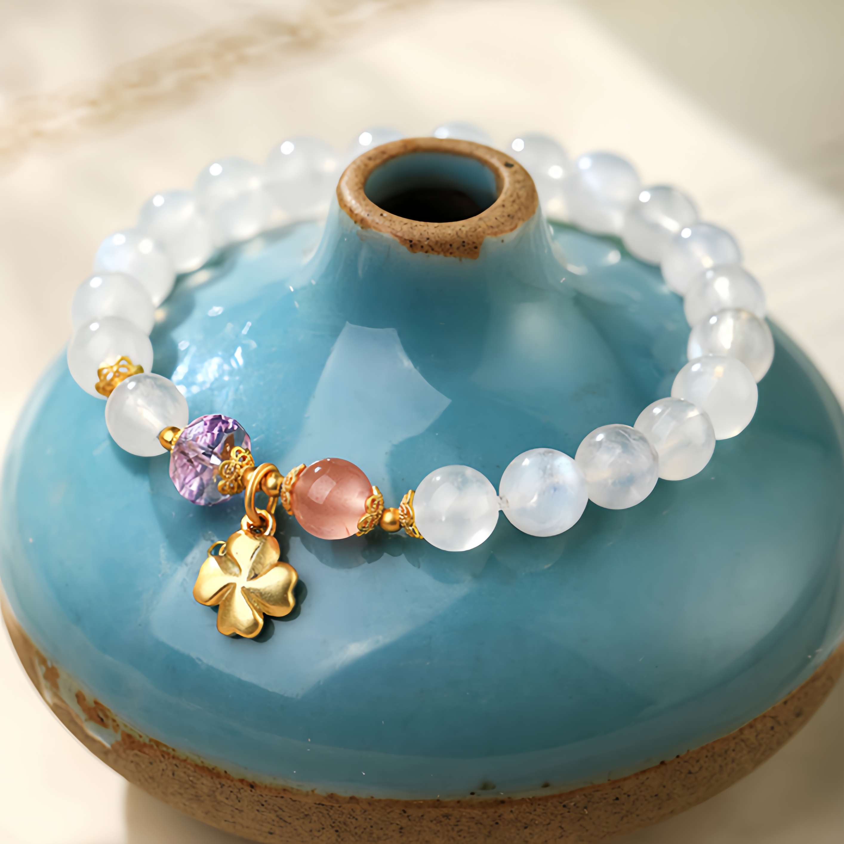 Moonstone Amethyst Rose Quartz Bracelet with Gold Clover - Feminine Energy Jewelry
